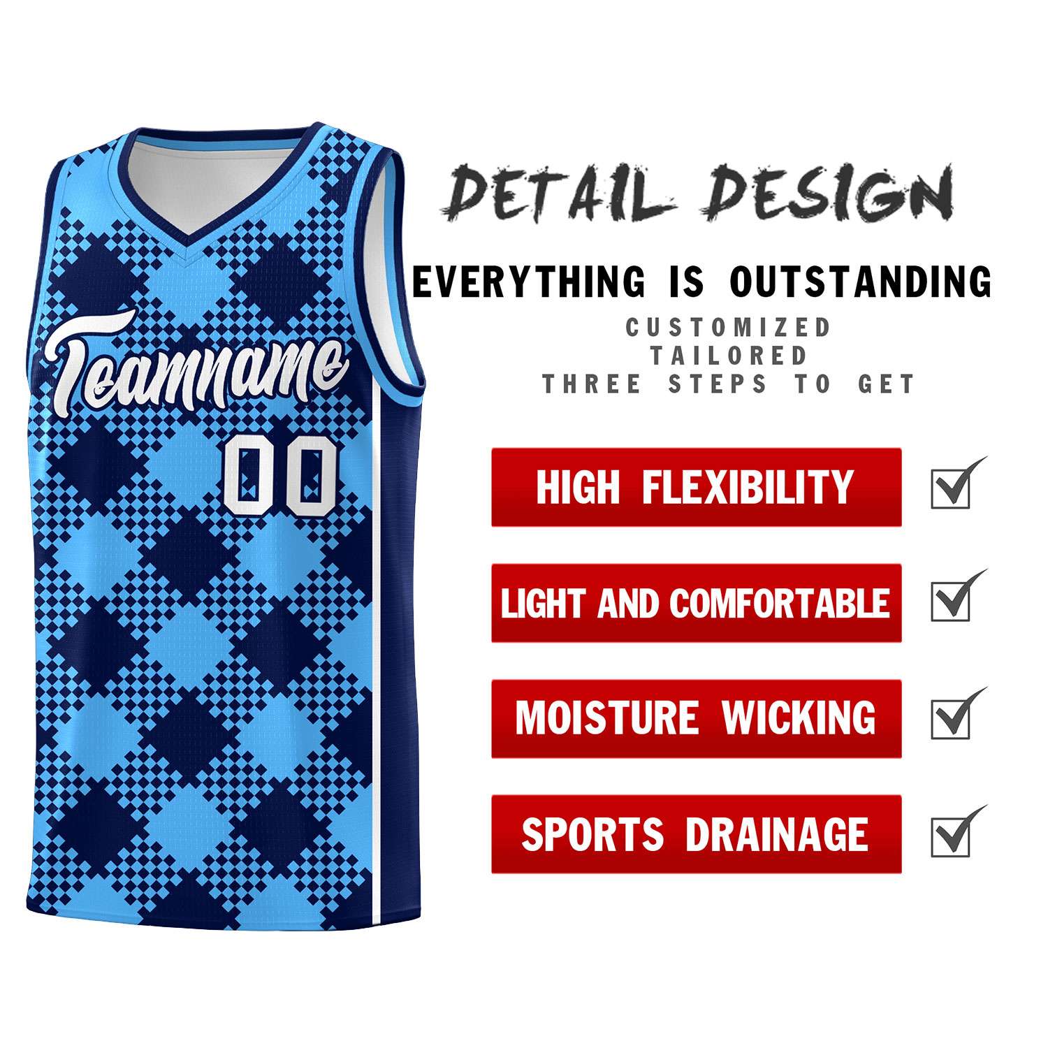Personalized Powder Blue Navy-White Grid Basketball Kits