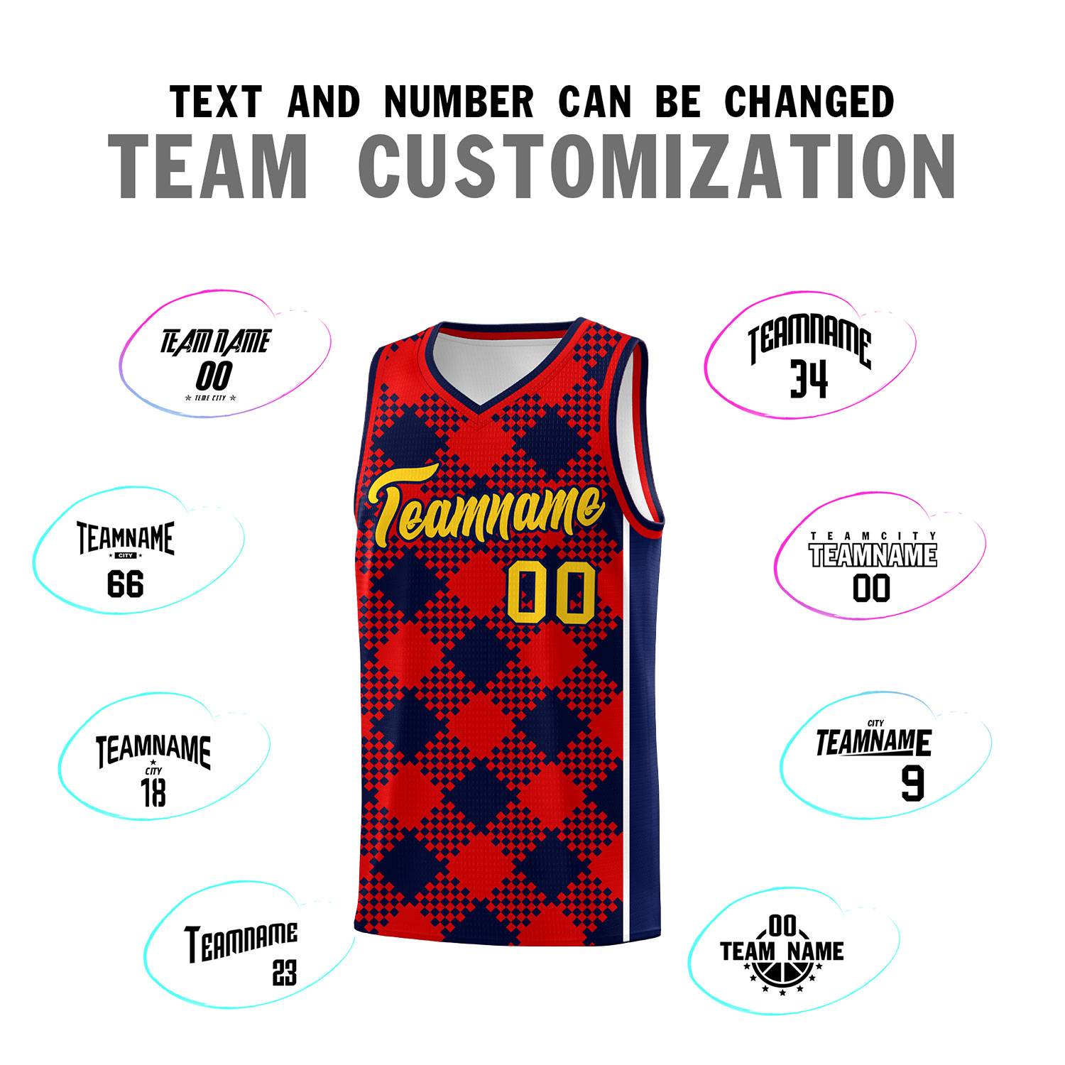 Personalized Navy Red-White Grid Basketball Kits