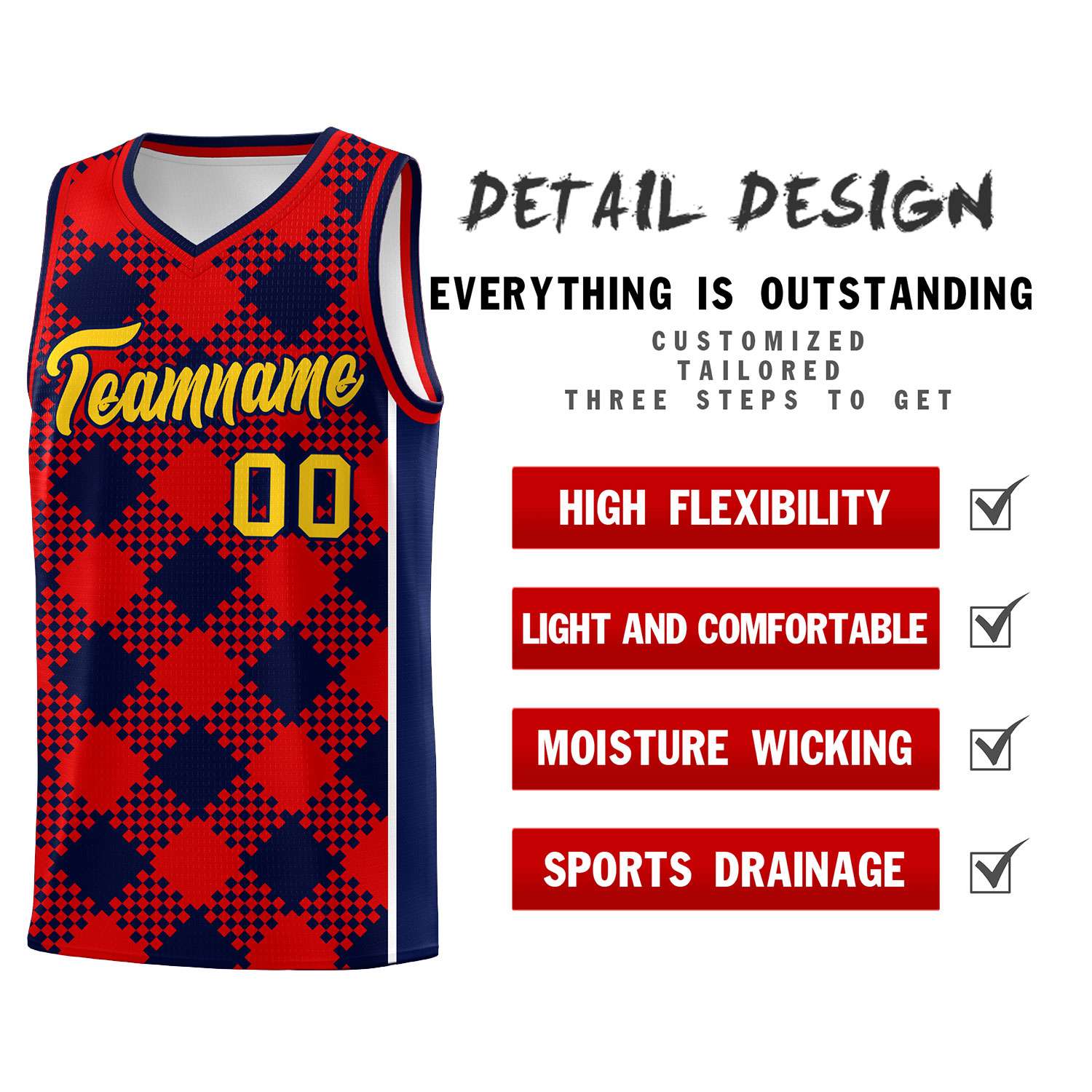 Personalized Navy Red-White Grid Basketball Kits