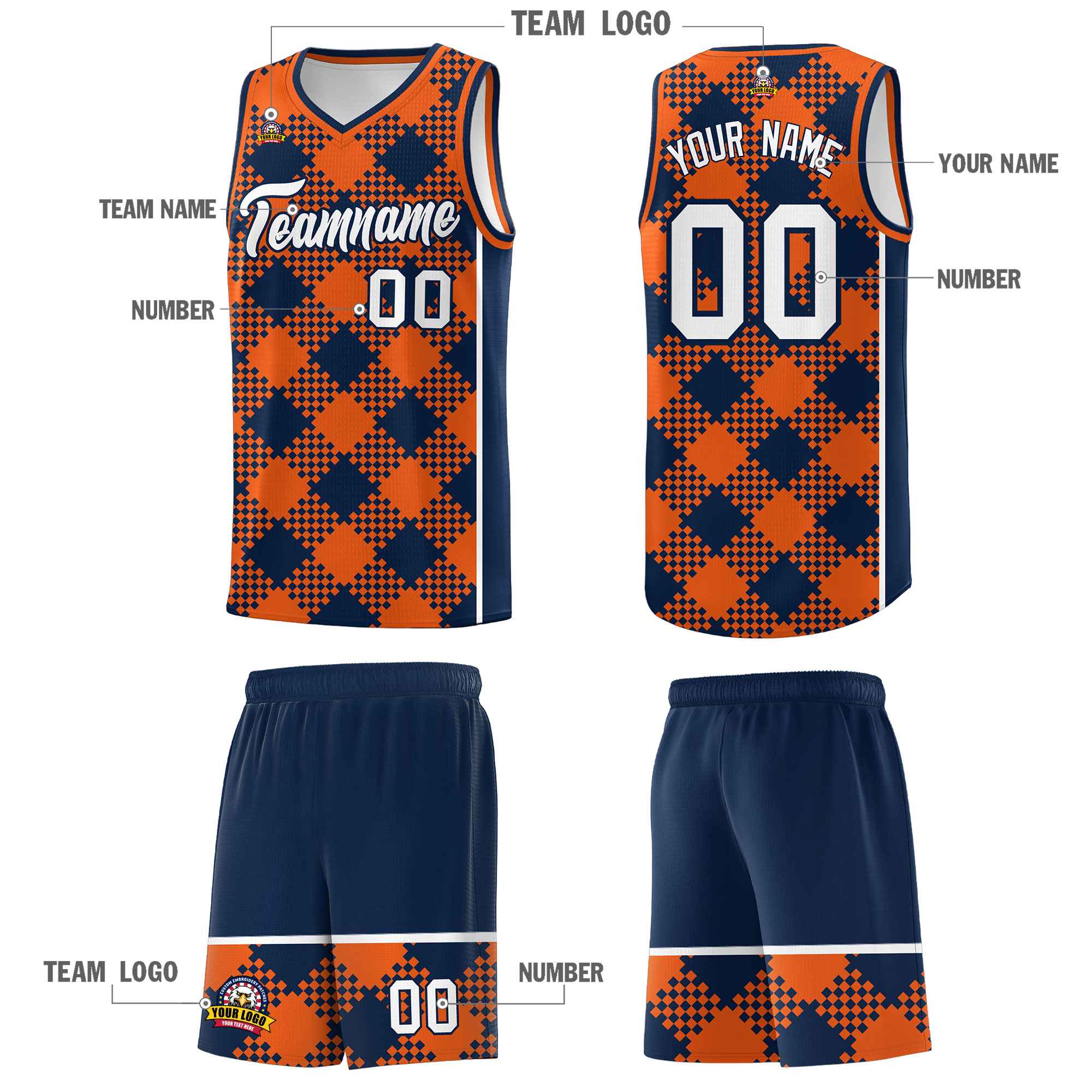 Personalized Navy Orange-White Grid Basketball Kits