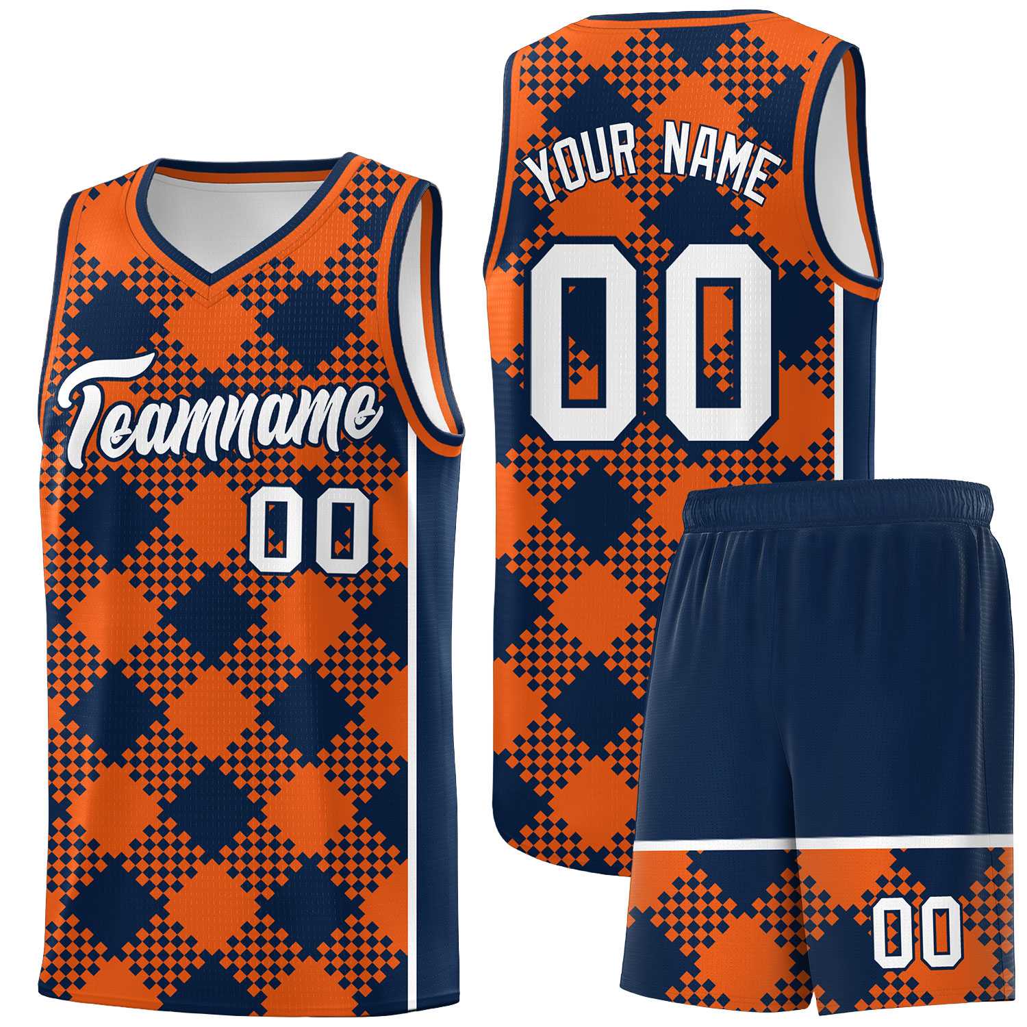 Personalized Navy Orange-White Grid Basketball Kits