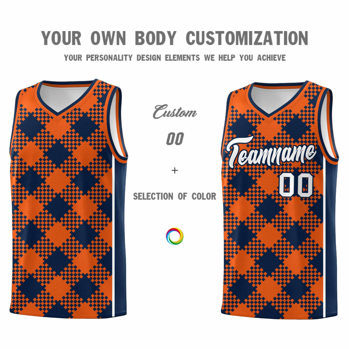 Personalized Navy Orange-White Grid Basketball Kits