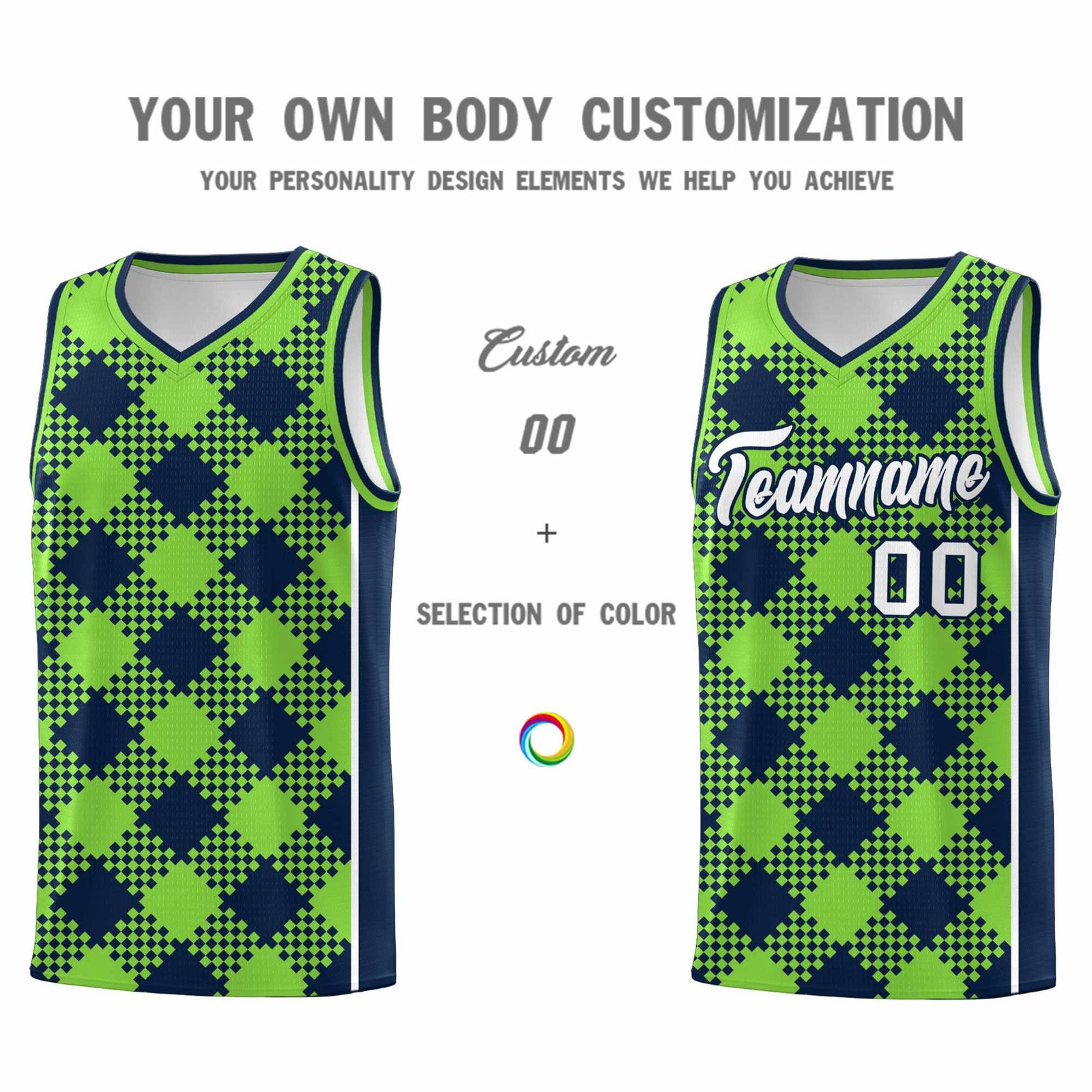 Personalized Fluorescent Green Navy-White Grid Basketball Kits