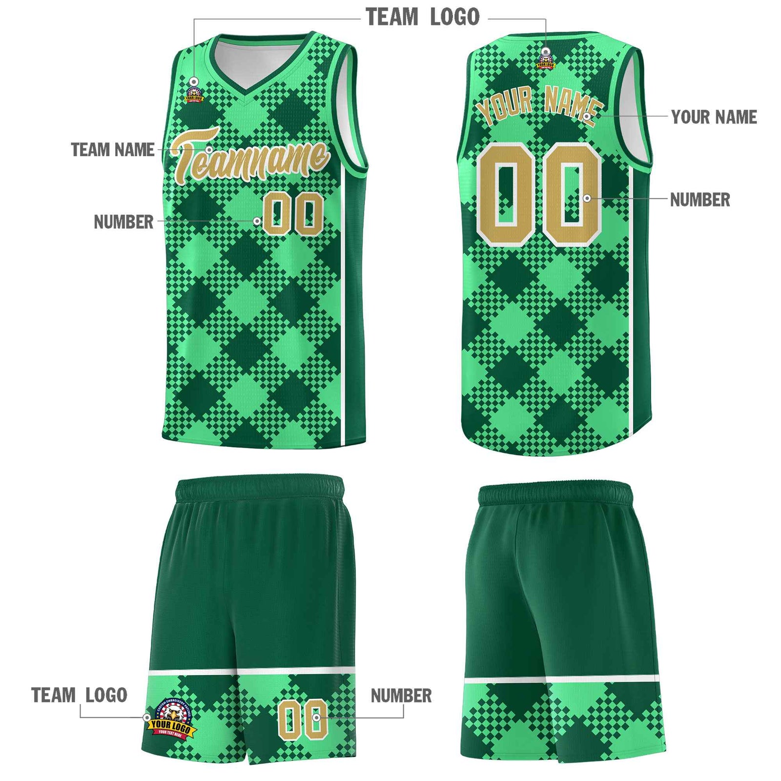 Personalized Green Kelly Green-White Grid Basketball Kits