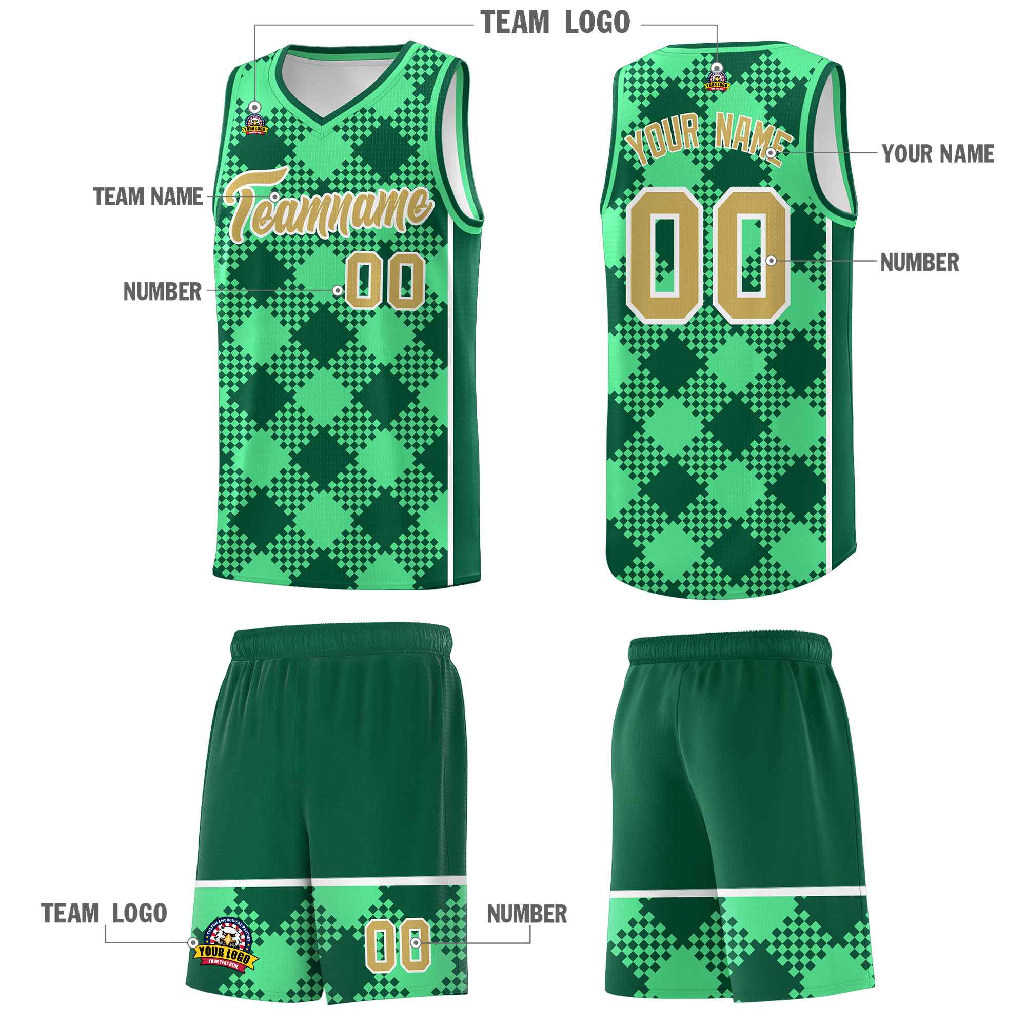 Personalized Green Kelly Green-White Grid Basketball Kits
