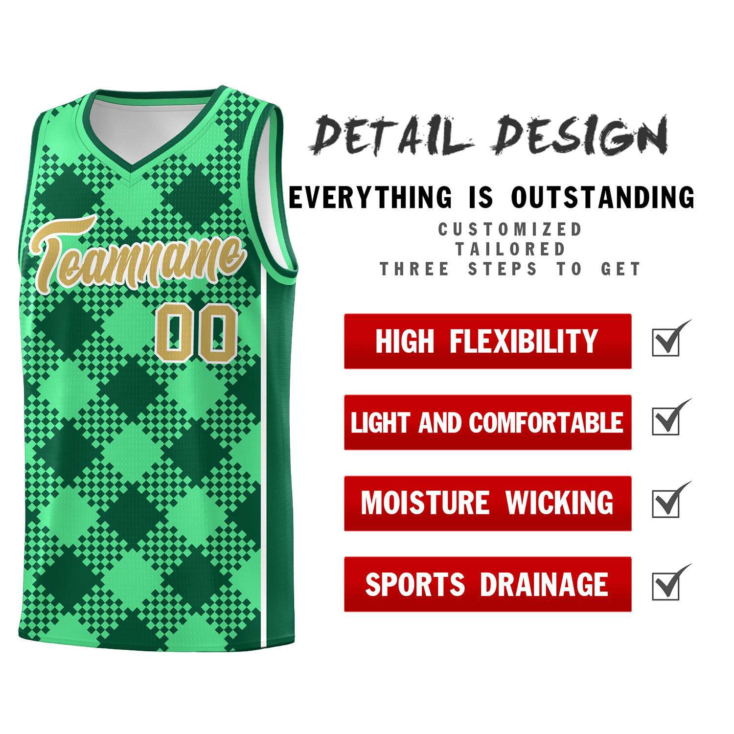 Personalized Green Kelly Green-White Grid Basketball Kits