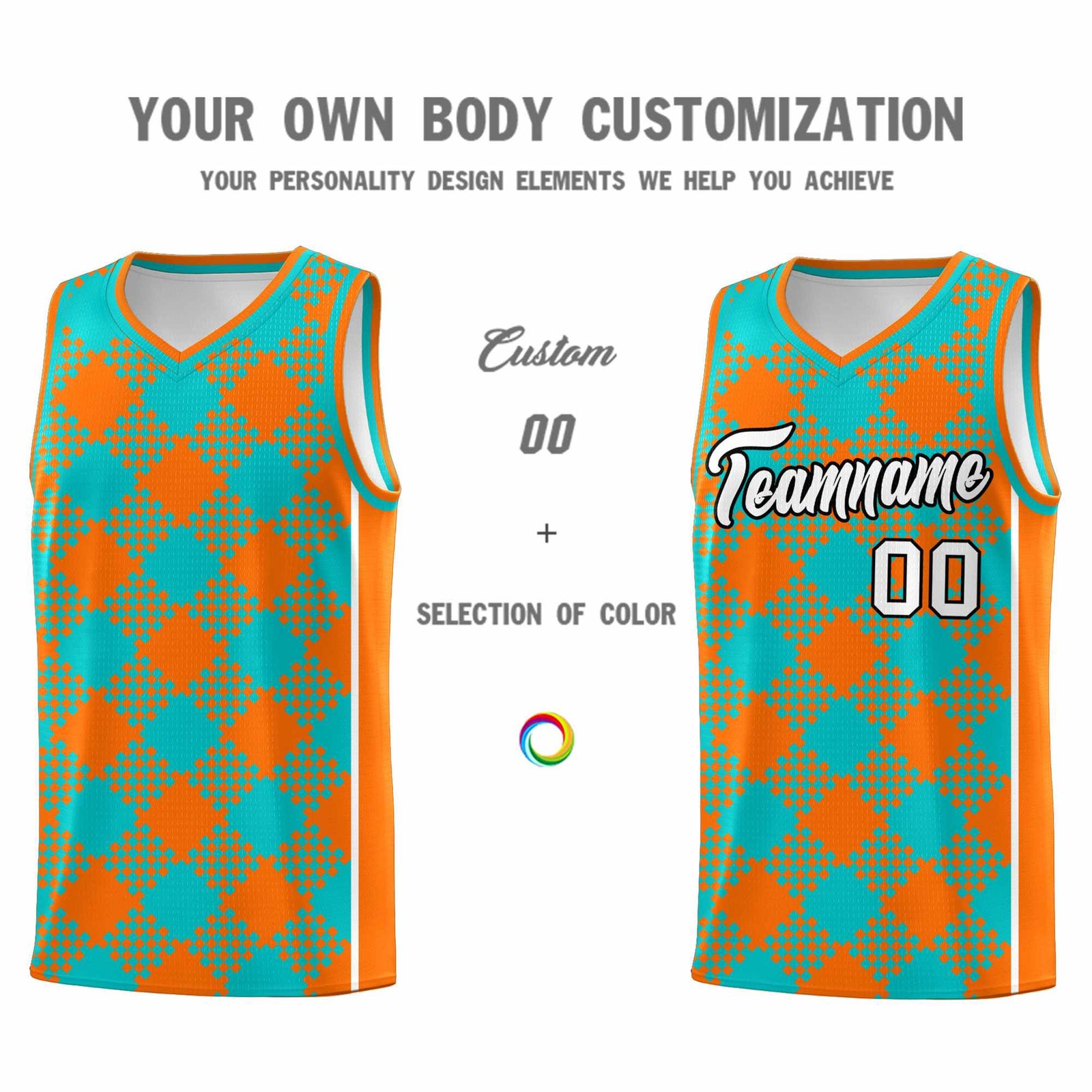 Personalized Aqua Orange-White Grid Basketball Kits