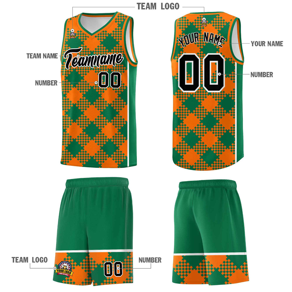 Personalized Orange Kelly Green-White Grid Basketball Kits