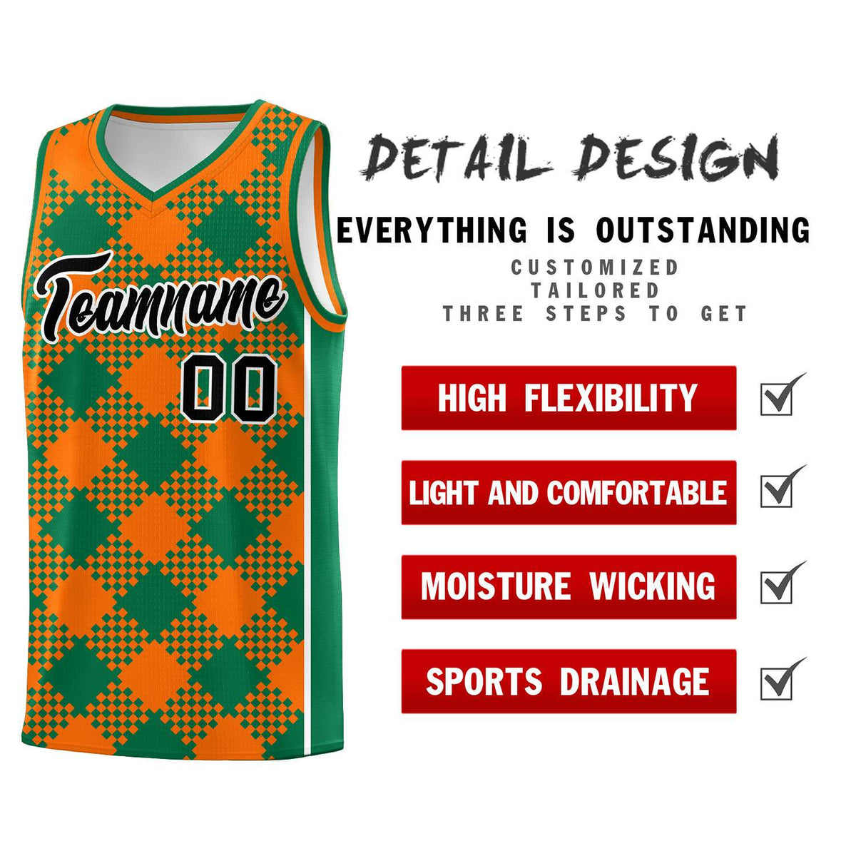 Personalized Orange Kelly Green-White Grid Basketball Kits