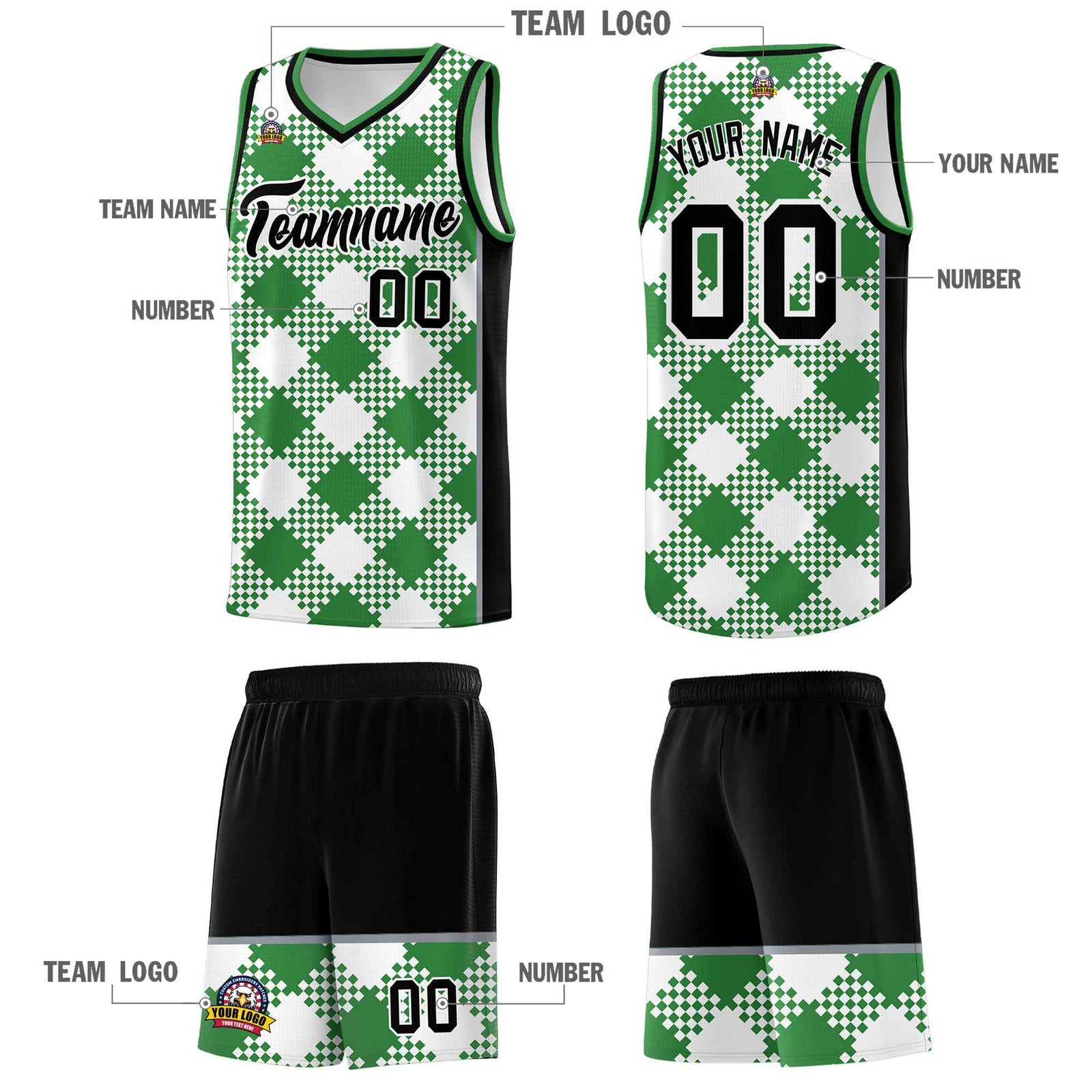 Personalized White Kelly Green-Gray Grid Basketball Kits