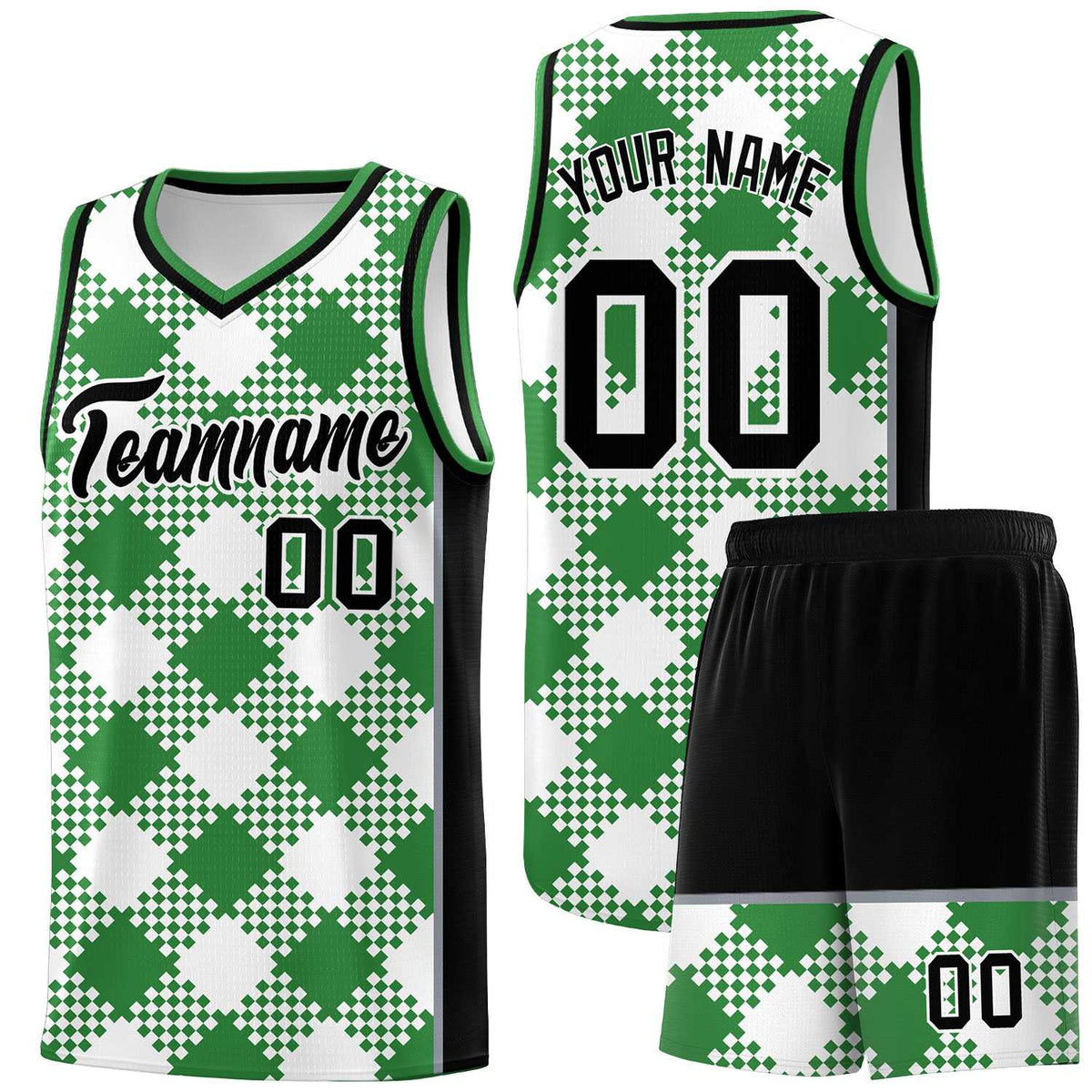 Personalized White Kelly Green-Gray Grid Basketball Kits