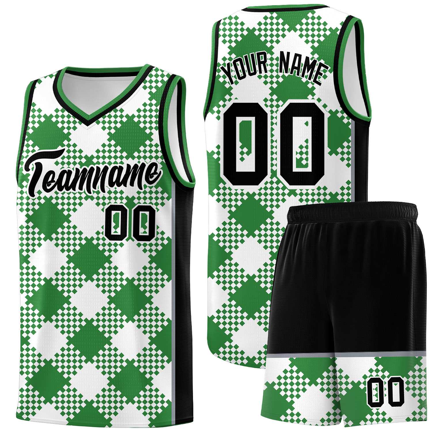 Personalized White Kelly Green-Gray Grid Basketball Kits