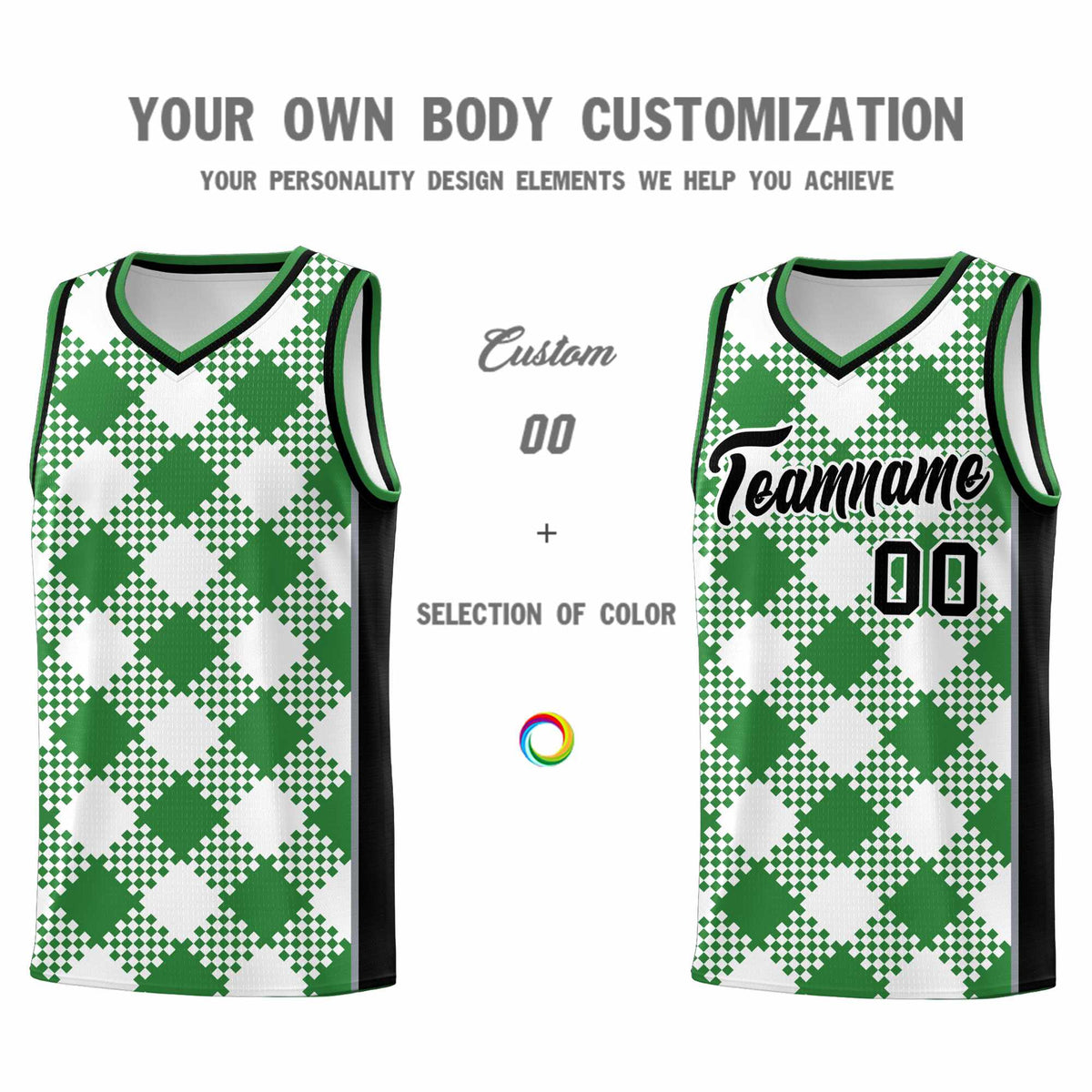 Personalized White Kelly Green-Gray Grid Basketball Kits