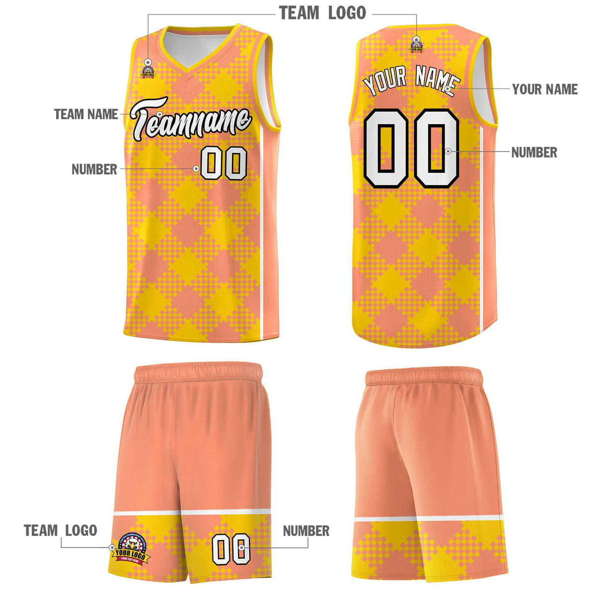 Personalized Light Orange Gold-White Grid Basketball Kits