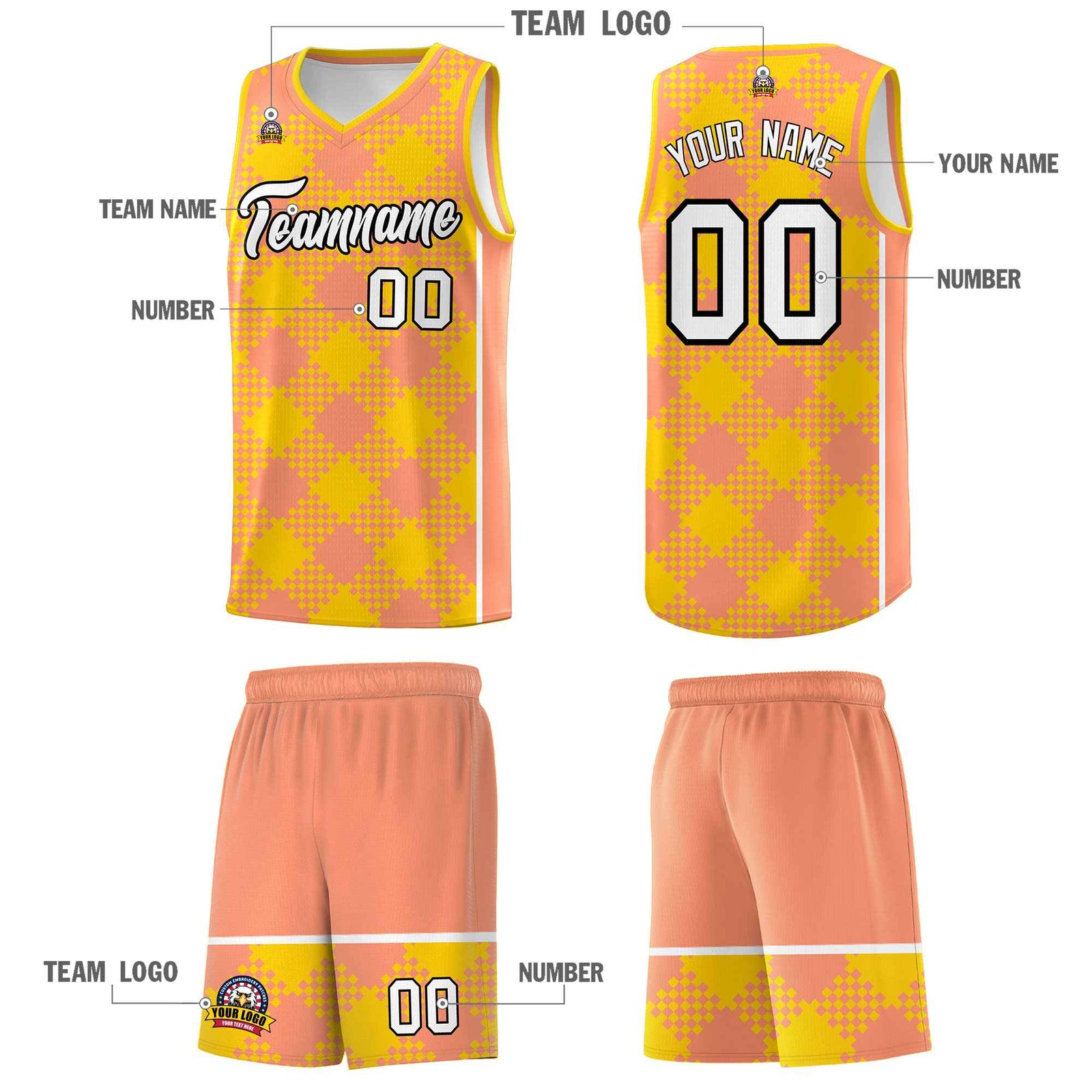 Personalized Light Orange Gold-White Grid Basketball Kits