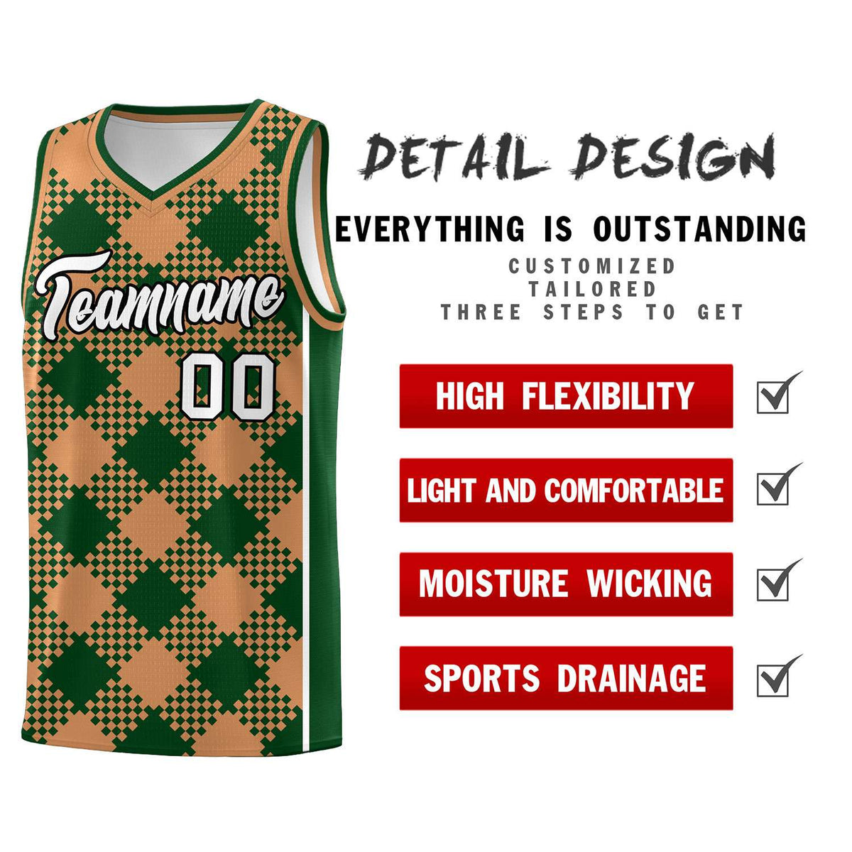 Personalized Green Buckskin Brown-White Grid Basketball Kits
