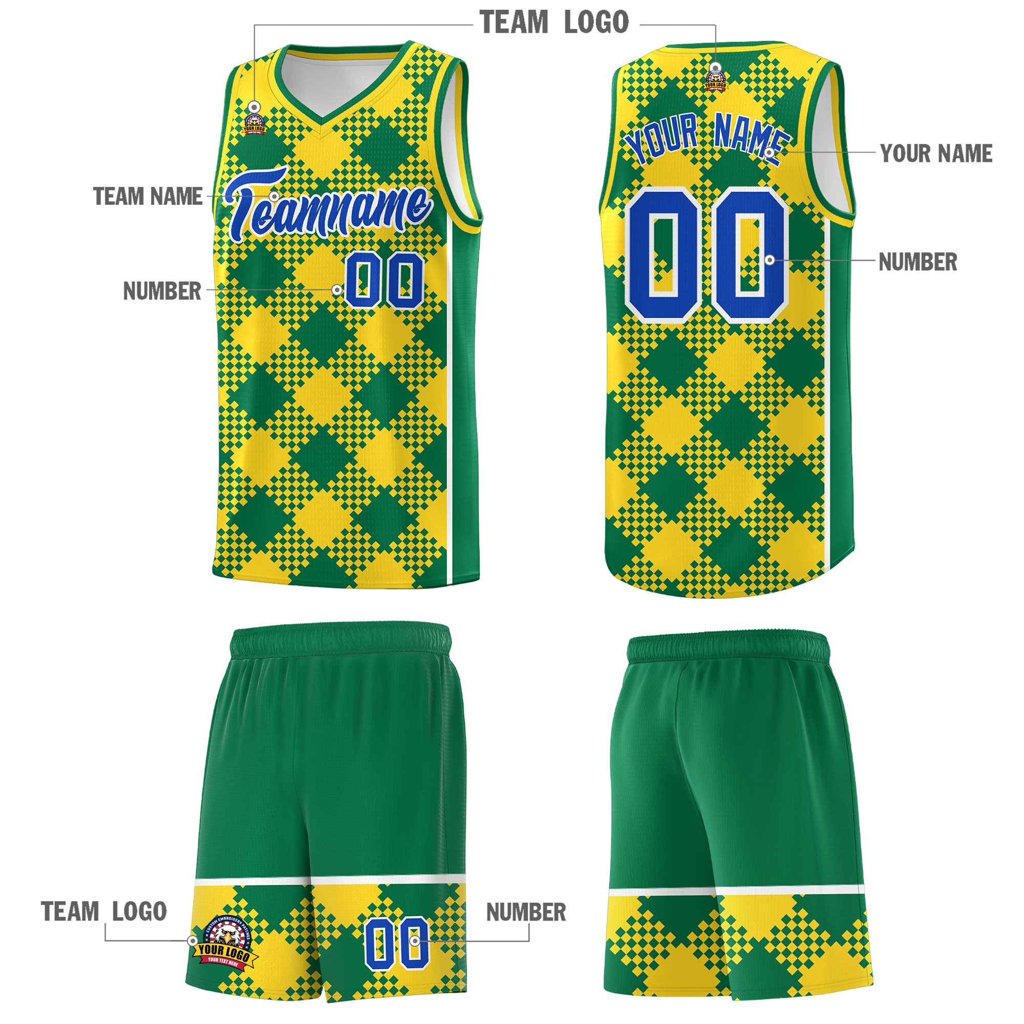 Personalized Gold Kelly Green-White Grid Basketball Kits
