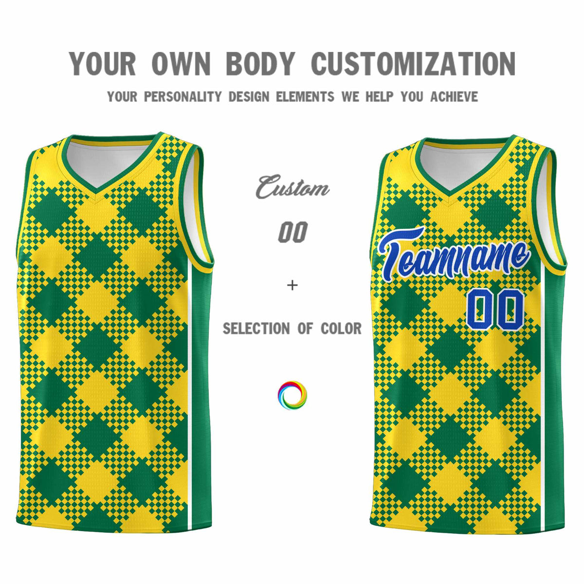 Personalized Gold Kelly Green-White Grid Basketball Kits