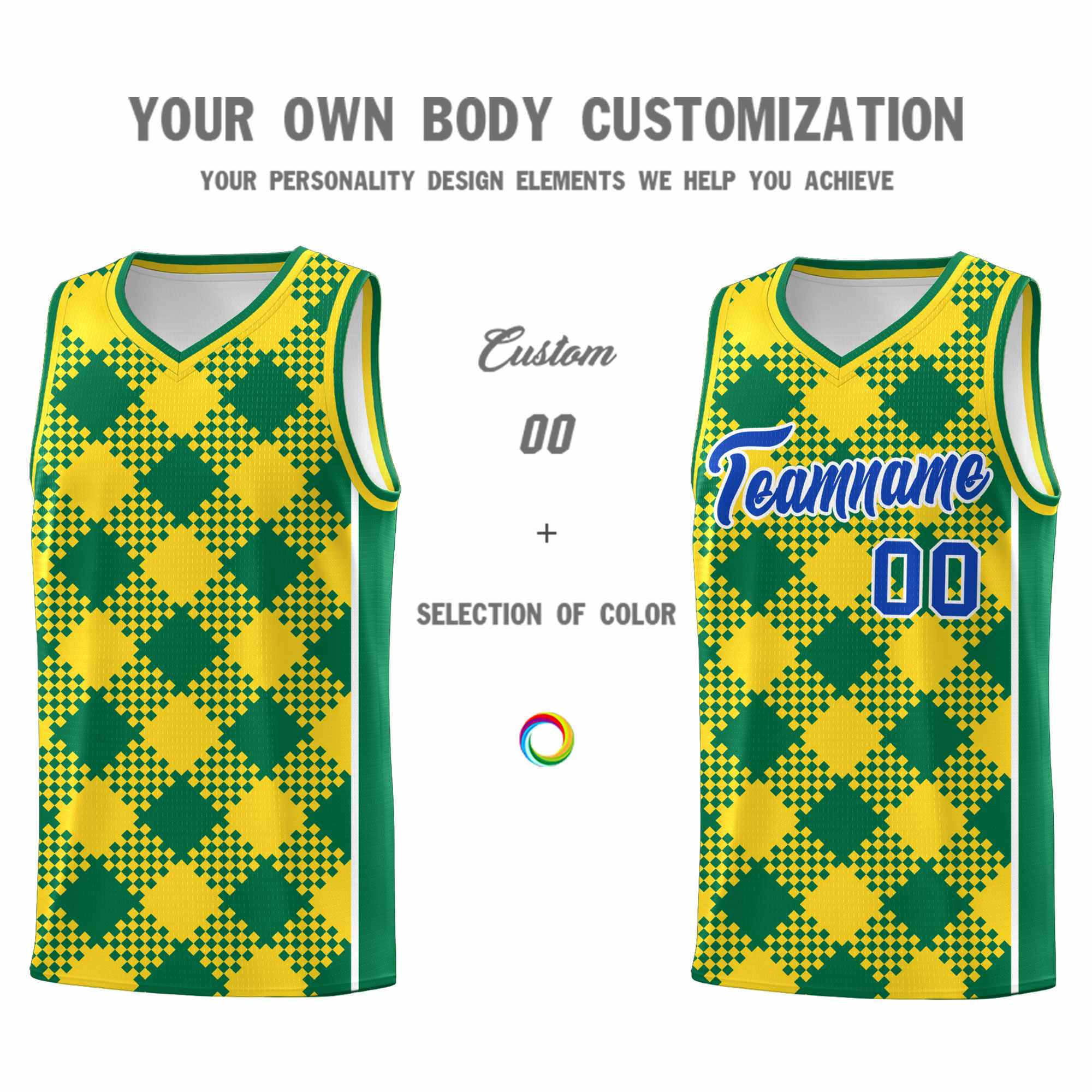 Personalized Gold Kelly Green-White Grid Basketball Kits