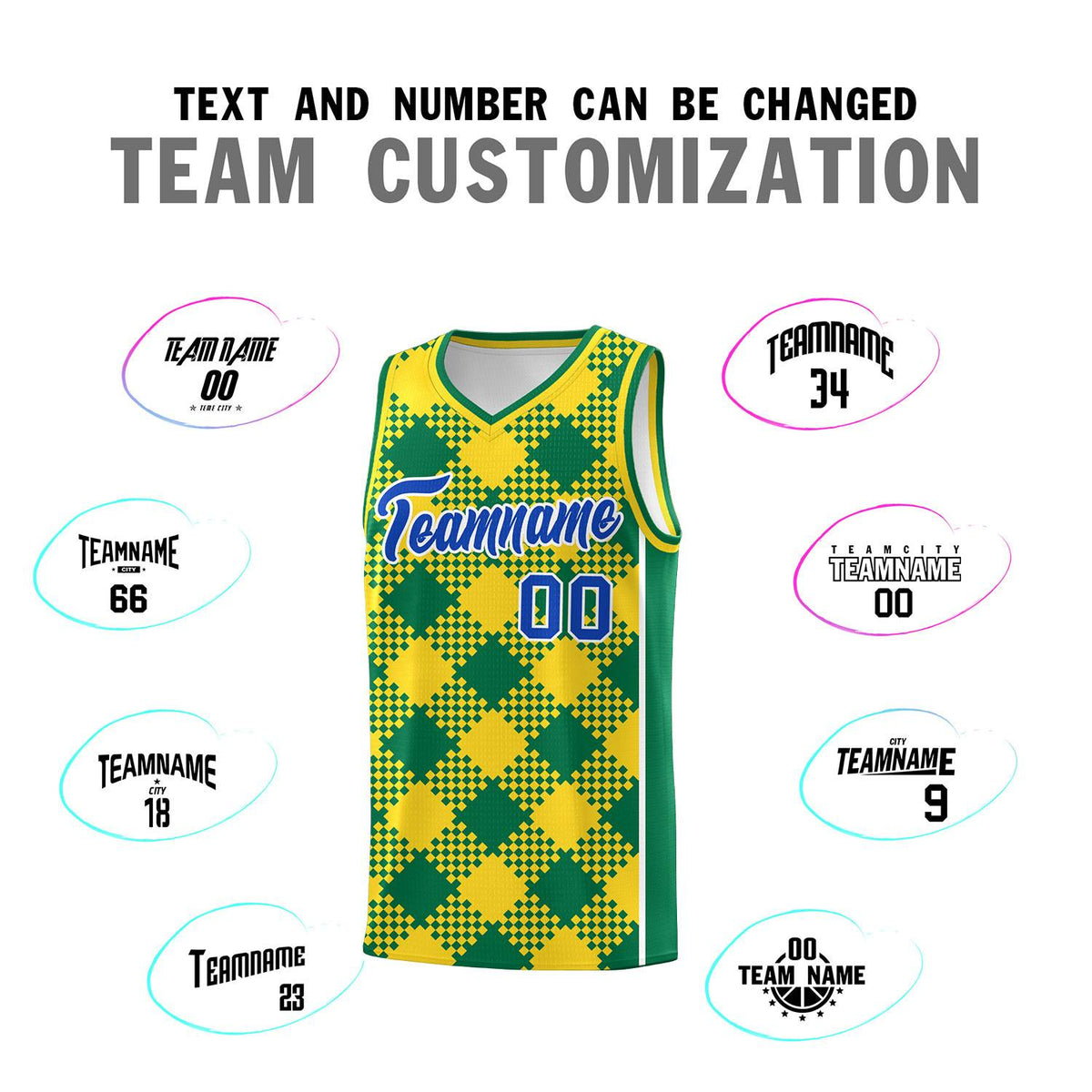 Personalized Gold Kelly Green-White Grid Basketball Kits