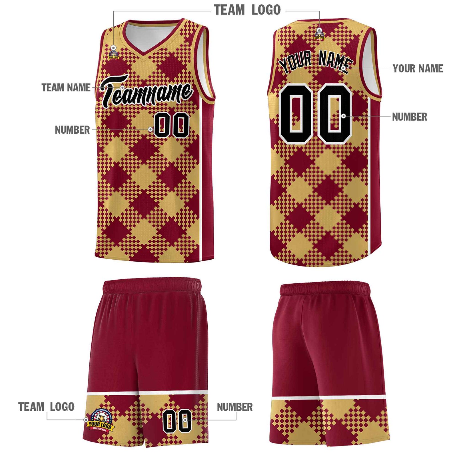 Personalized Old Gold Crimson-White Grid Basketball Kits