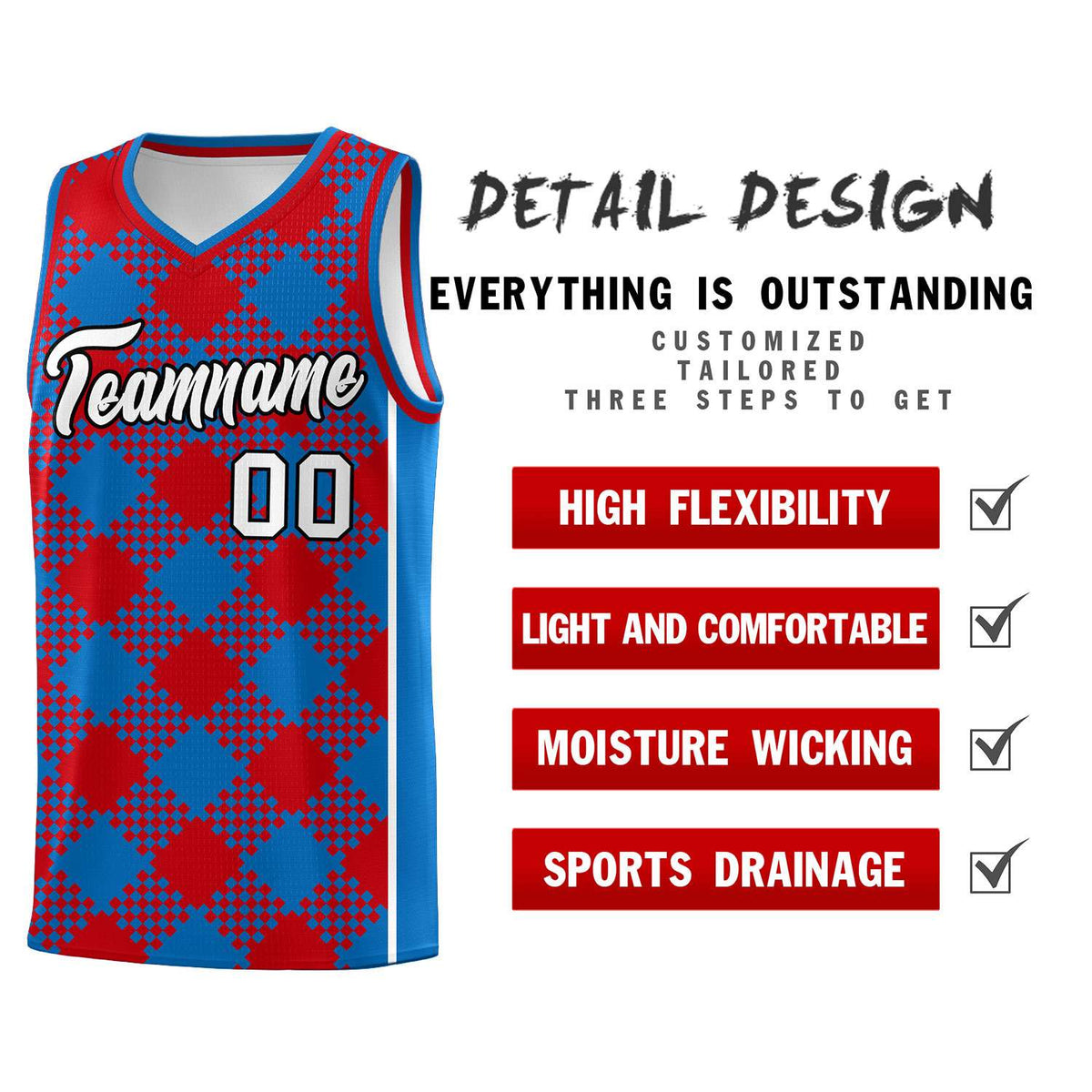 Personalized Royal Red-White Grid Basketball Kits