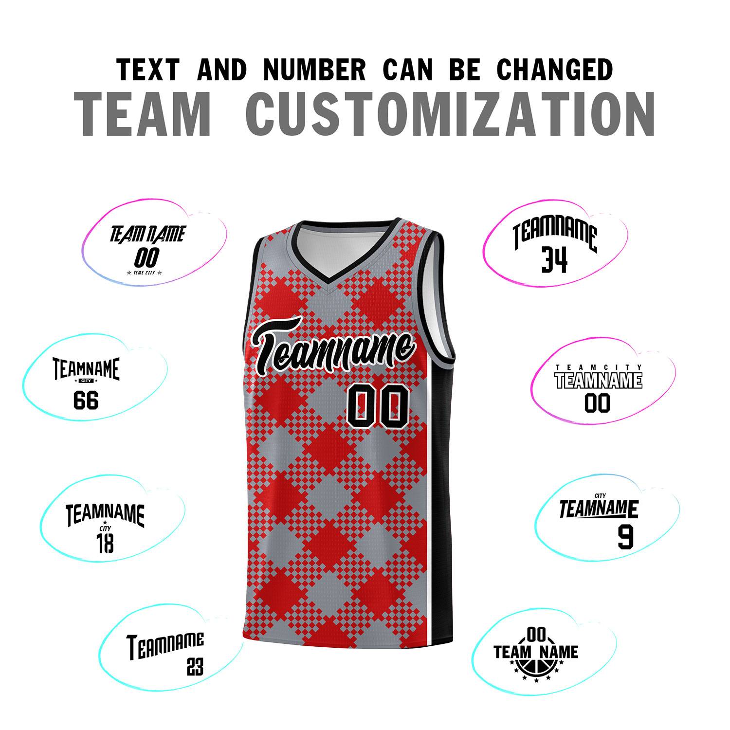 Personalized Gray Red-White Grid Basketball Kits