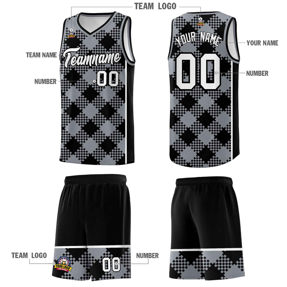 Personalized Gray Black-White Grid Basketball Kits