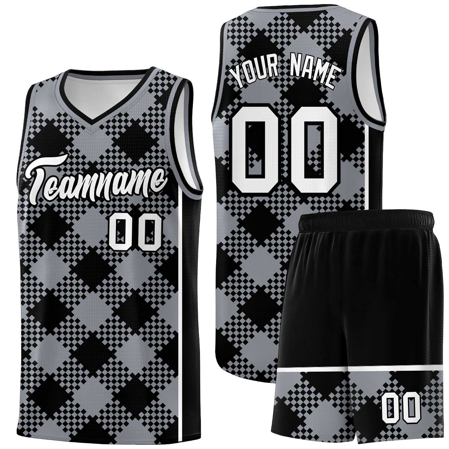 Personalized Gray Black-White Grid Basketball Kits