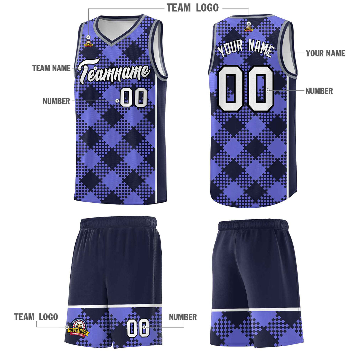 Personalized Purple Navy-White Grid Basketball Kits