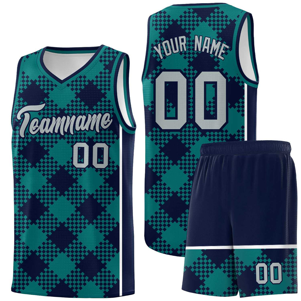 Personalized Teal Navy-White Grid Basketball Kits