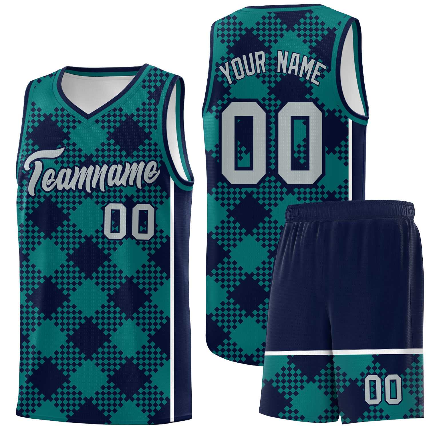 Personalized Teal Navy-White Grid Basketball Kits