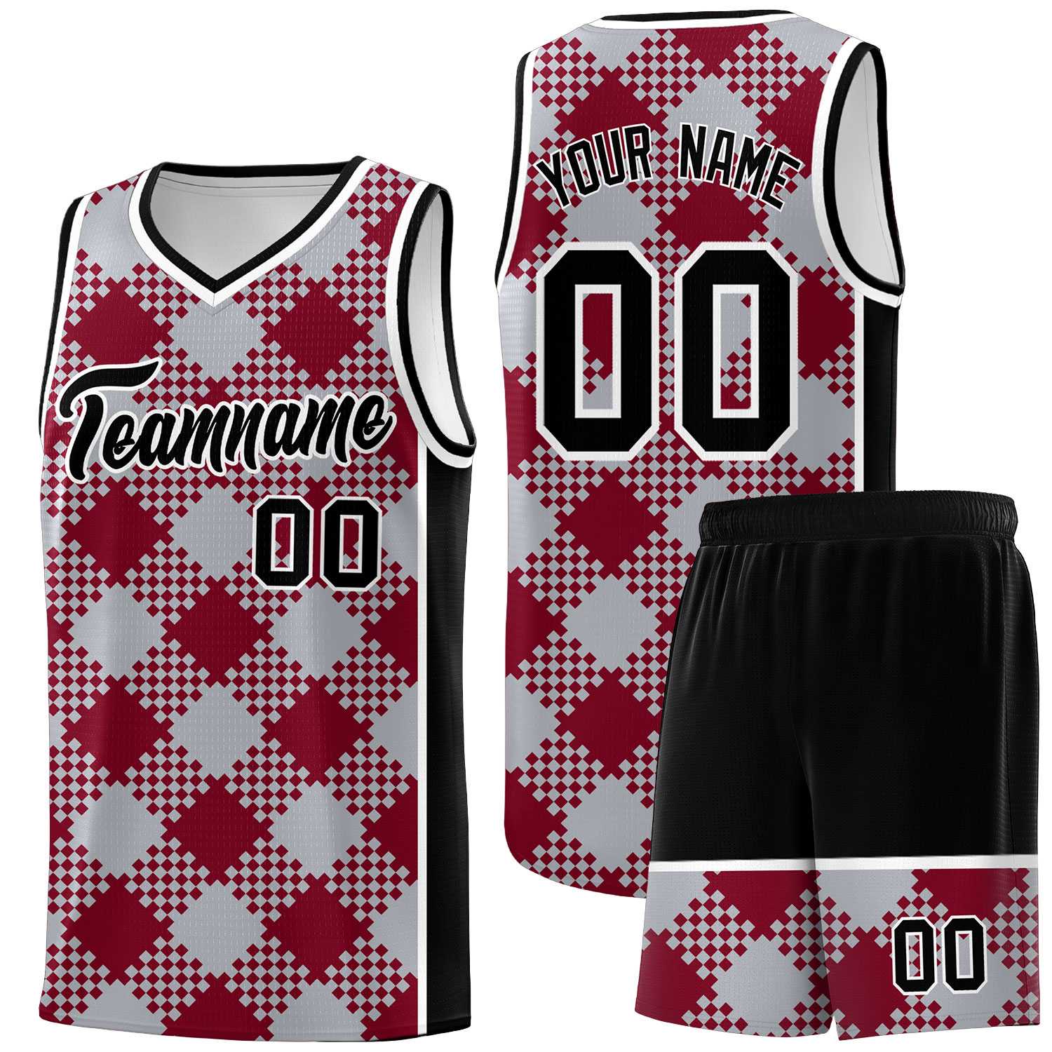 Personalized Gray Crimson-White Grid Basketball Kits