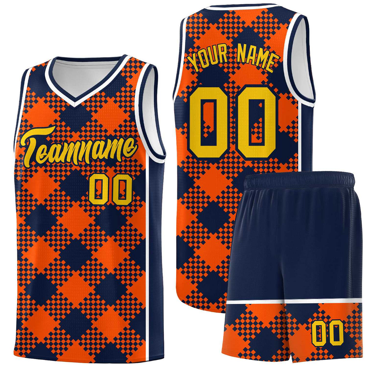 Personalized Orange Navy-White Grid Basketball Kits
