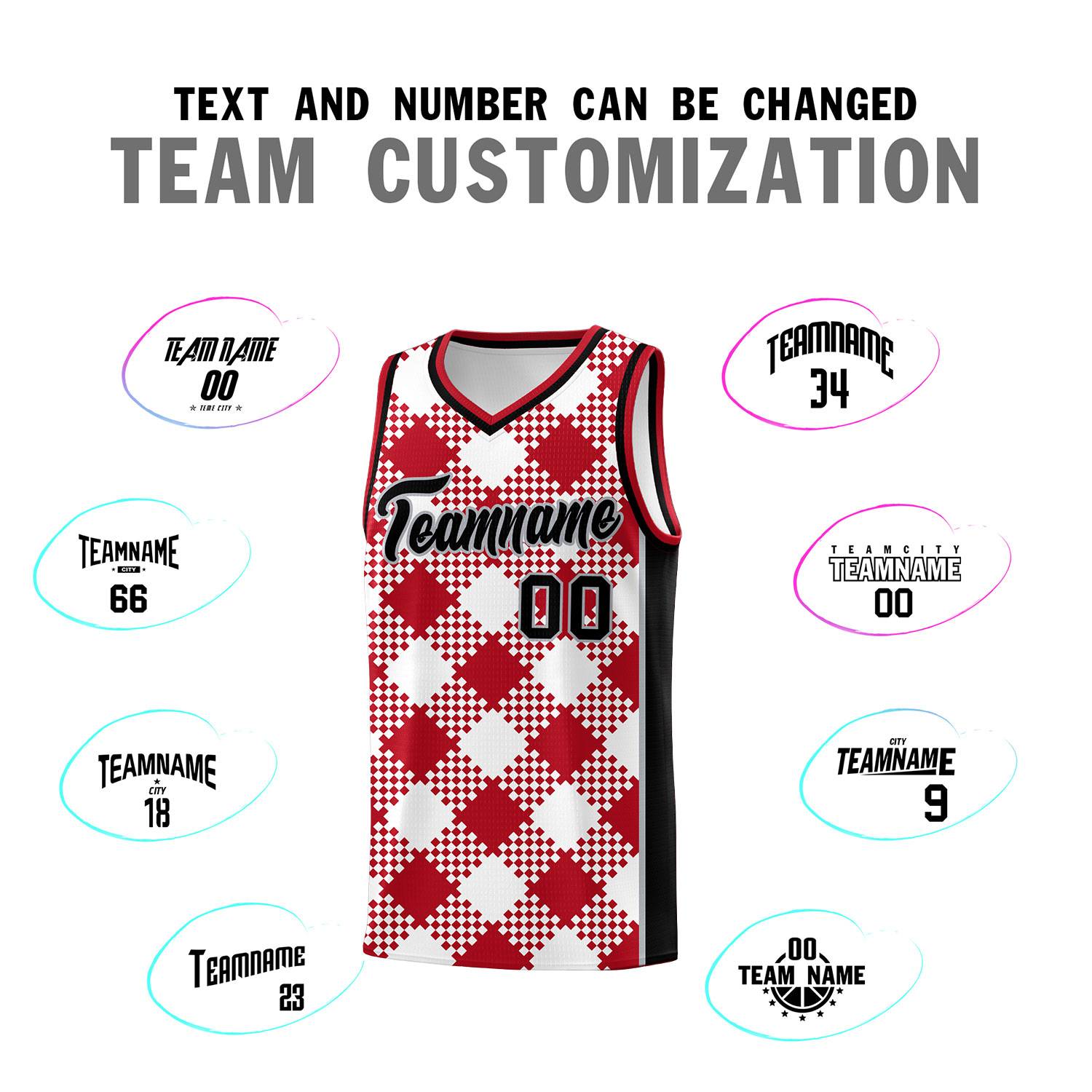 Personalized White Red-Gray Grid Basketball Kits