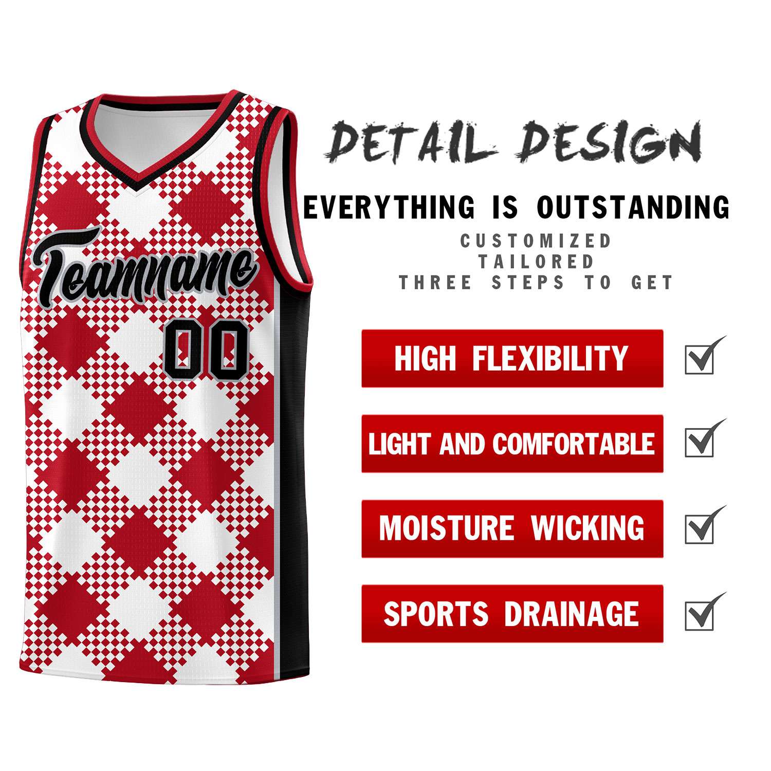 Personalized White Red-Gray Grid Basketball Kits