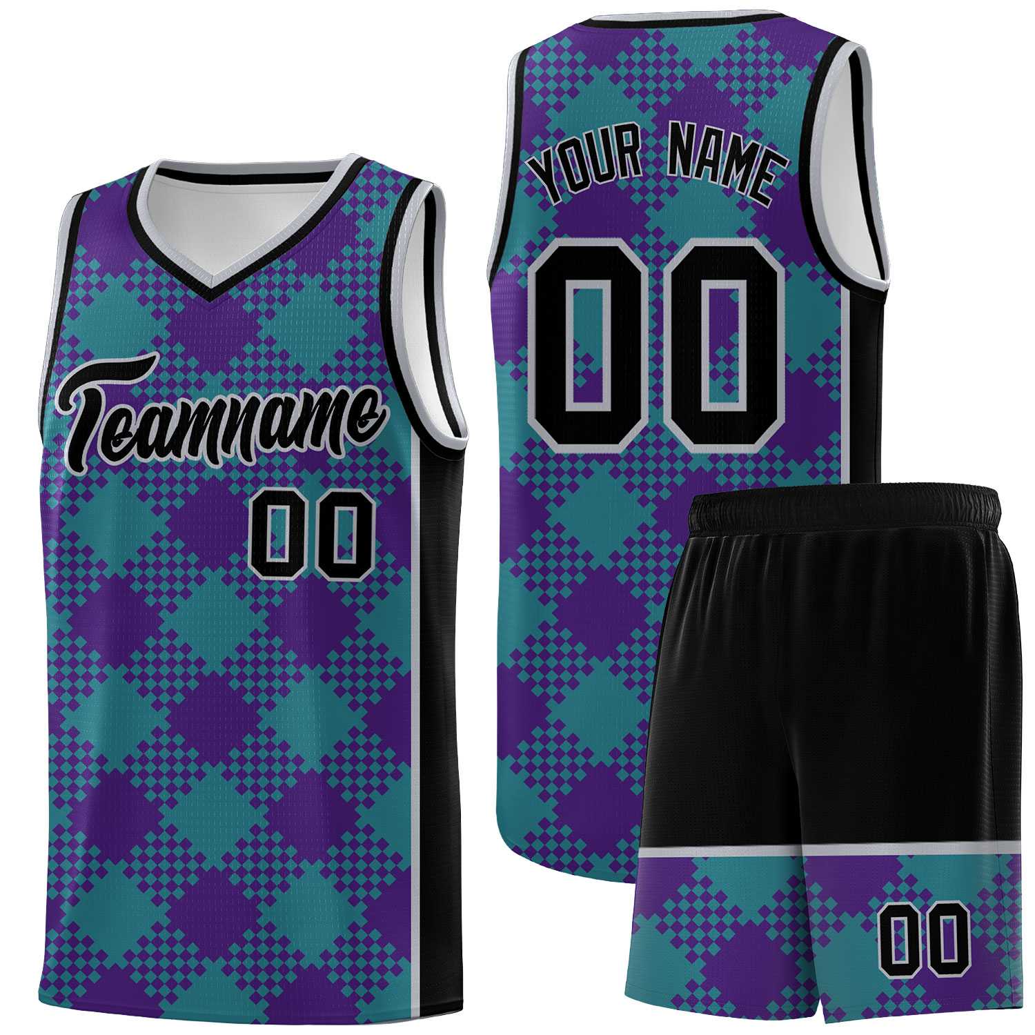 Personalized Purple Teal-Gray Grid Basketball Kits