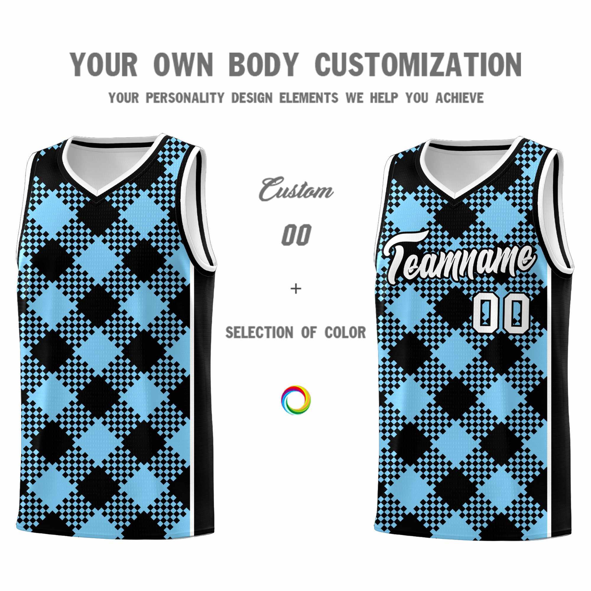 Personalized Light Blue White-Black Grid Basketball Kits