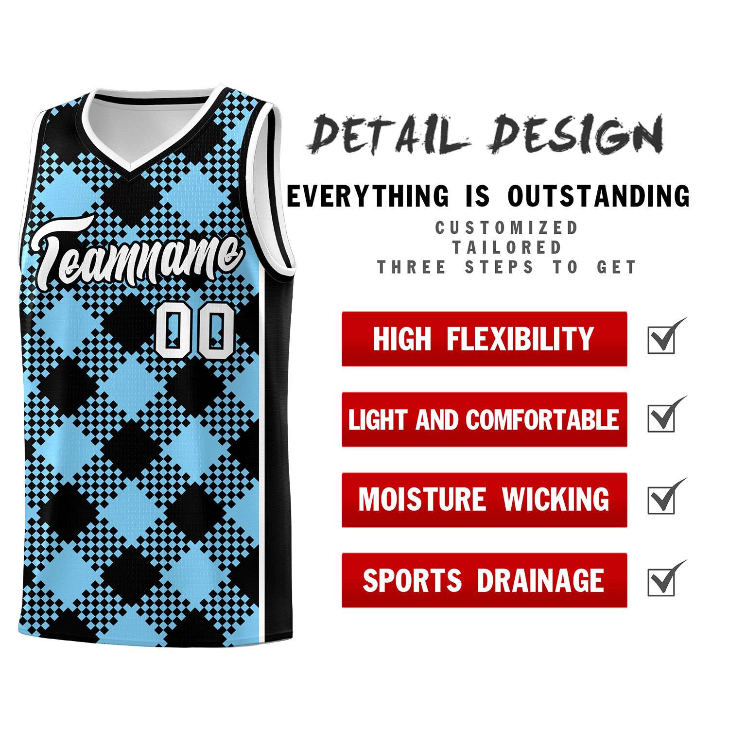 Personalized Light Blue White-Black Grid Basketball Kits