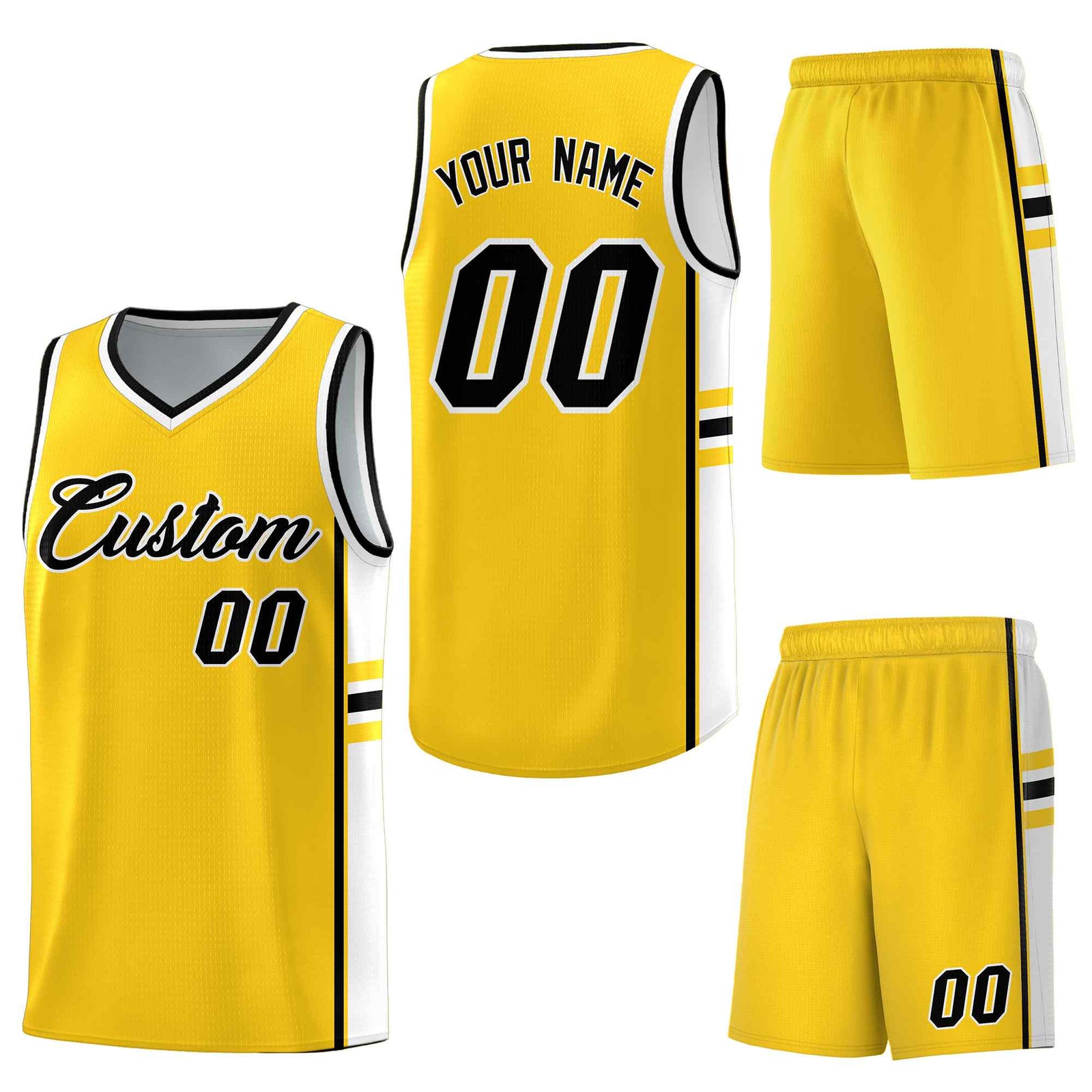 Custom Gold White Classic Color Block Drapable Varsity Uniform Basketball Jersey