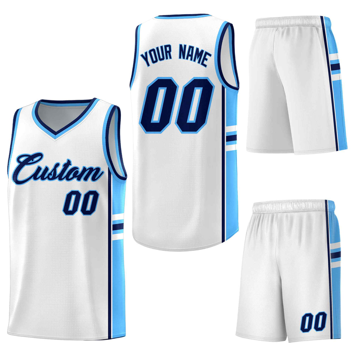 Custom White Powder Blue Classic Color Block Breathable Personalized Uniform Basketball Jersey