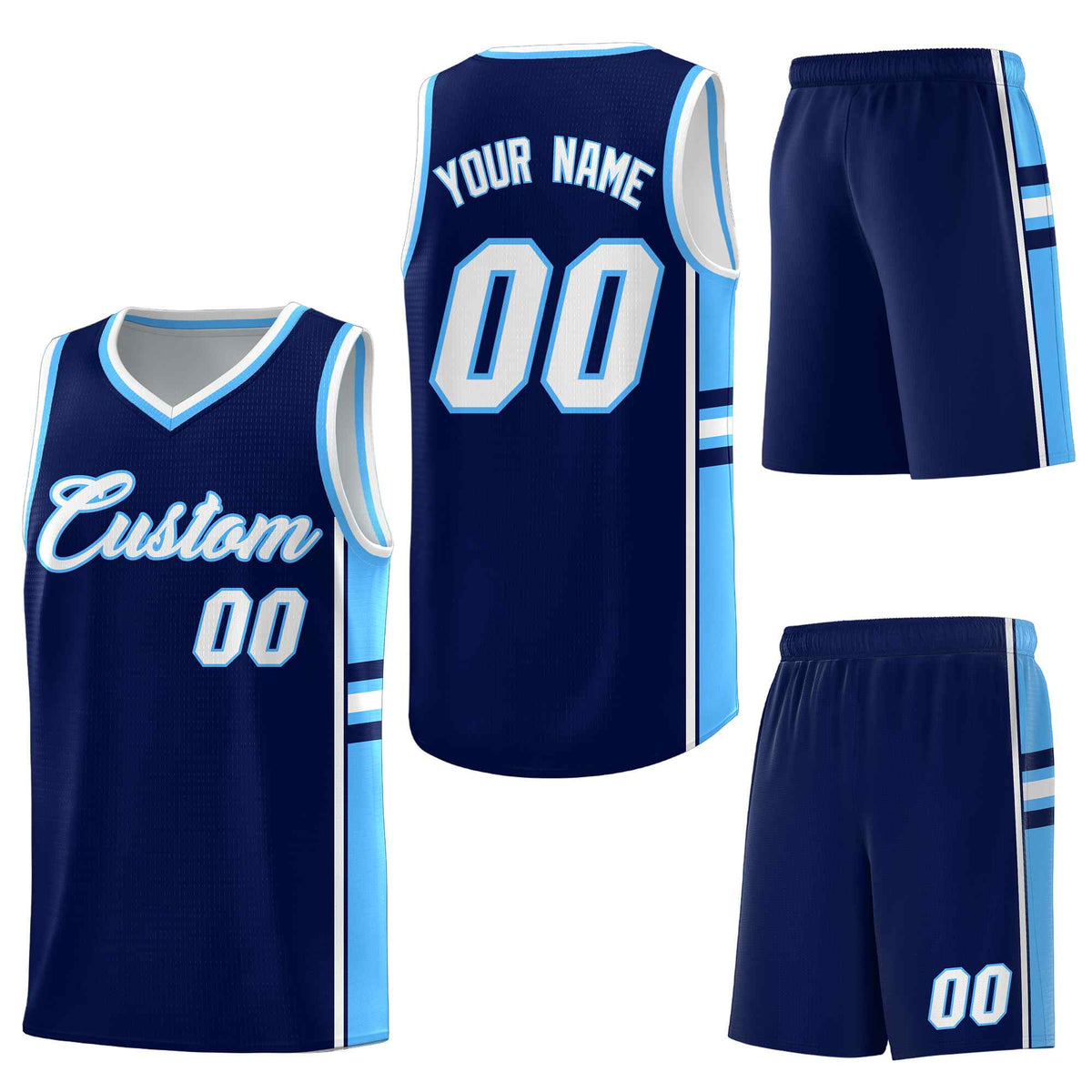 Custom Navy Powder Blue Classic Color Block Quick-Drying Varsity Uniform Basketball Jersey