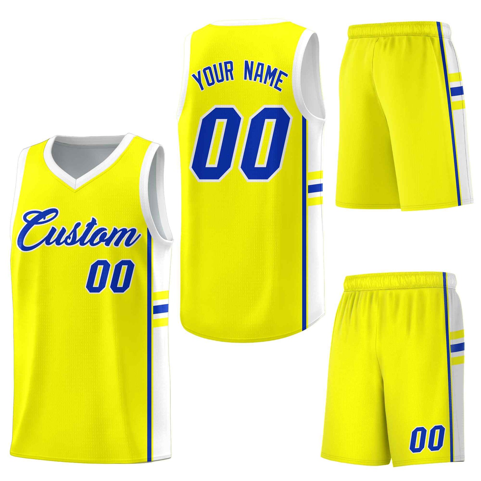 Custom Fluorescent Yellow White Classic Color Block Wrinkle-Resistant Personalized Uniform Basketball Jersey