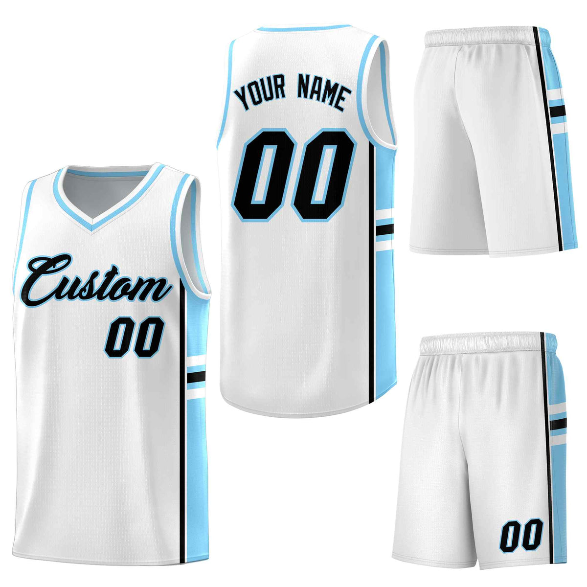 Custom White Light Blue Classic Color Block Breathable Varsity Uniform Basketball Jersey