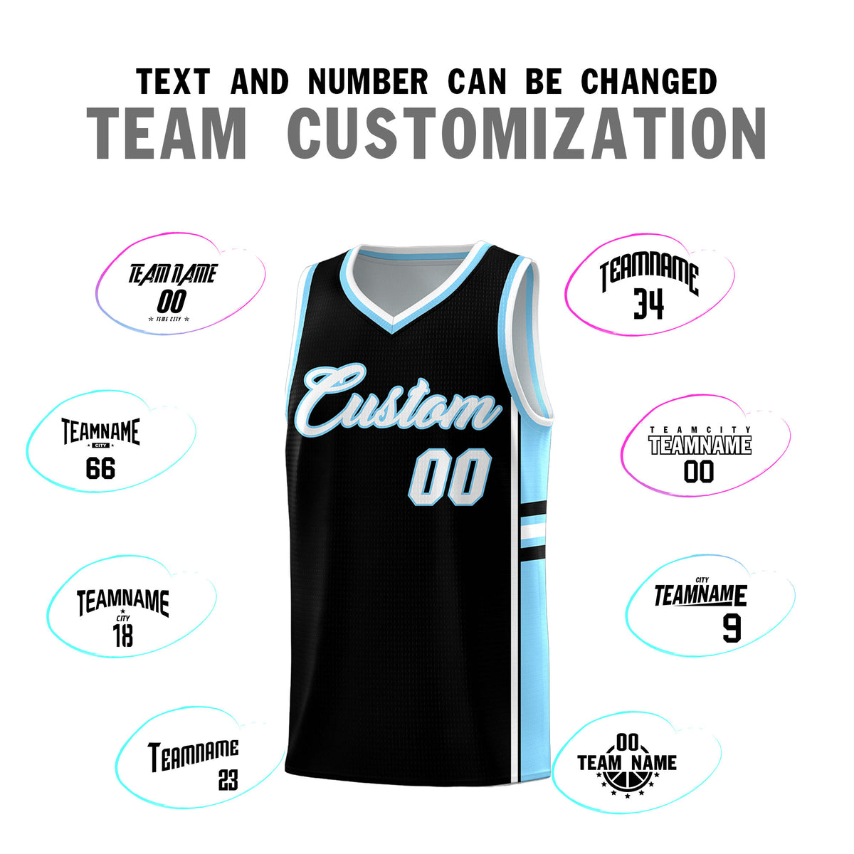 Custom Youth Basketball Jersey - Black Light Blue Two-Tone Classic Varsity Uniform