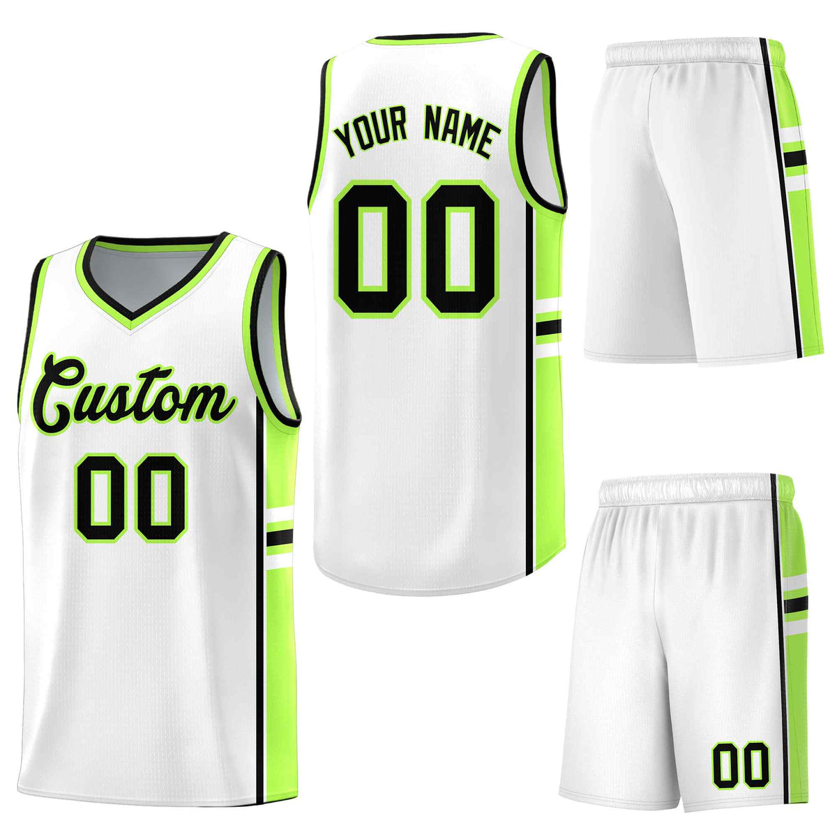 Custom White Fluorescent Green Classic Color Block Breathable Varsity Uniform Basketball Jersey