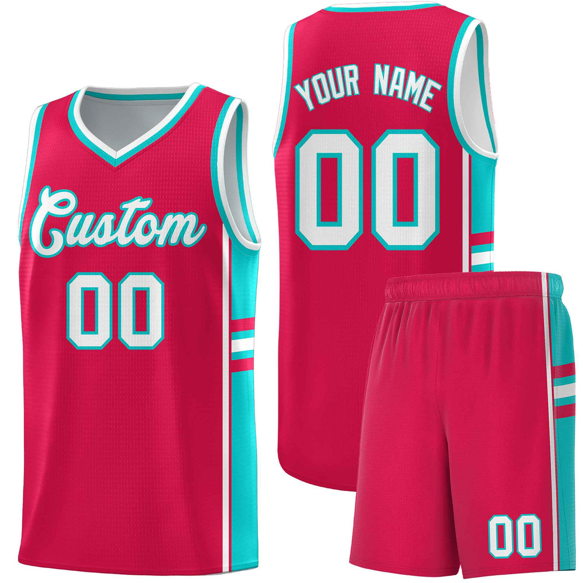 Custom Youth Basketball Jersey - Red Aqua Two-Tone Varsity Jersey Set