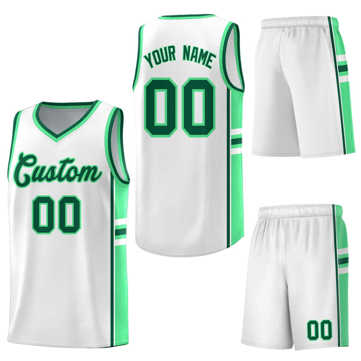 Custom White Green Classic Color Block Lightweight Varsity Uniform Basketball Jersey