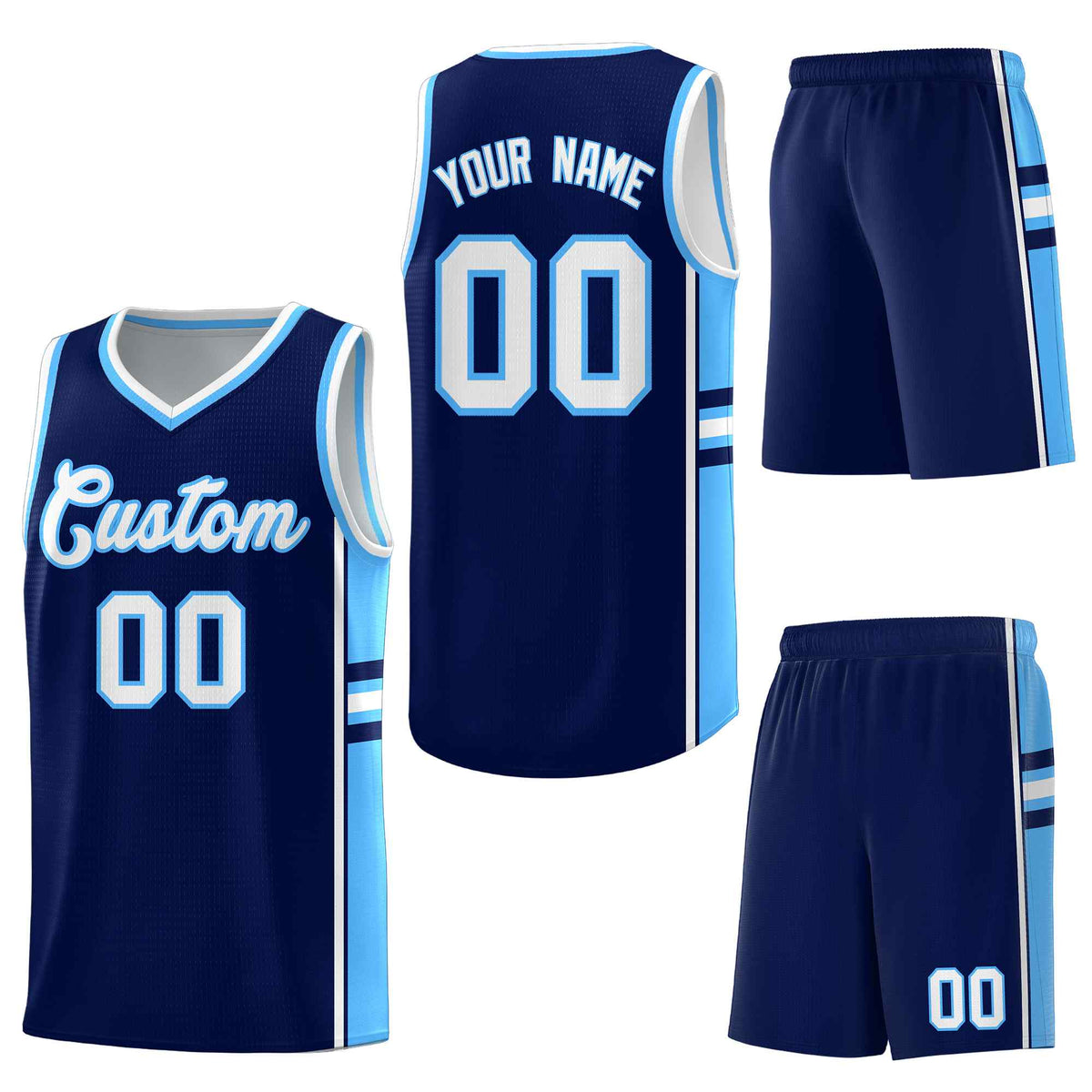 Custom Navy Powder Blue Classic Color Block Quick-Drying Varsity Uniform Basketball Jersey