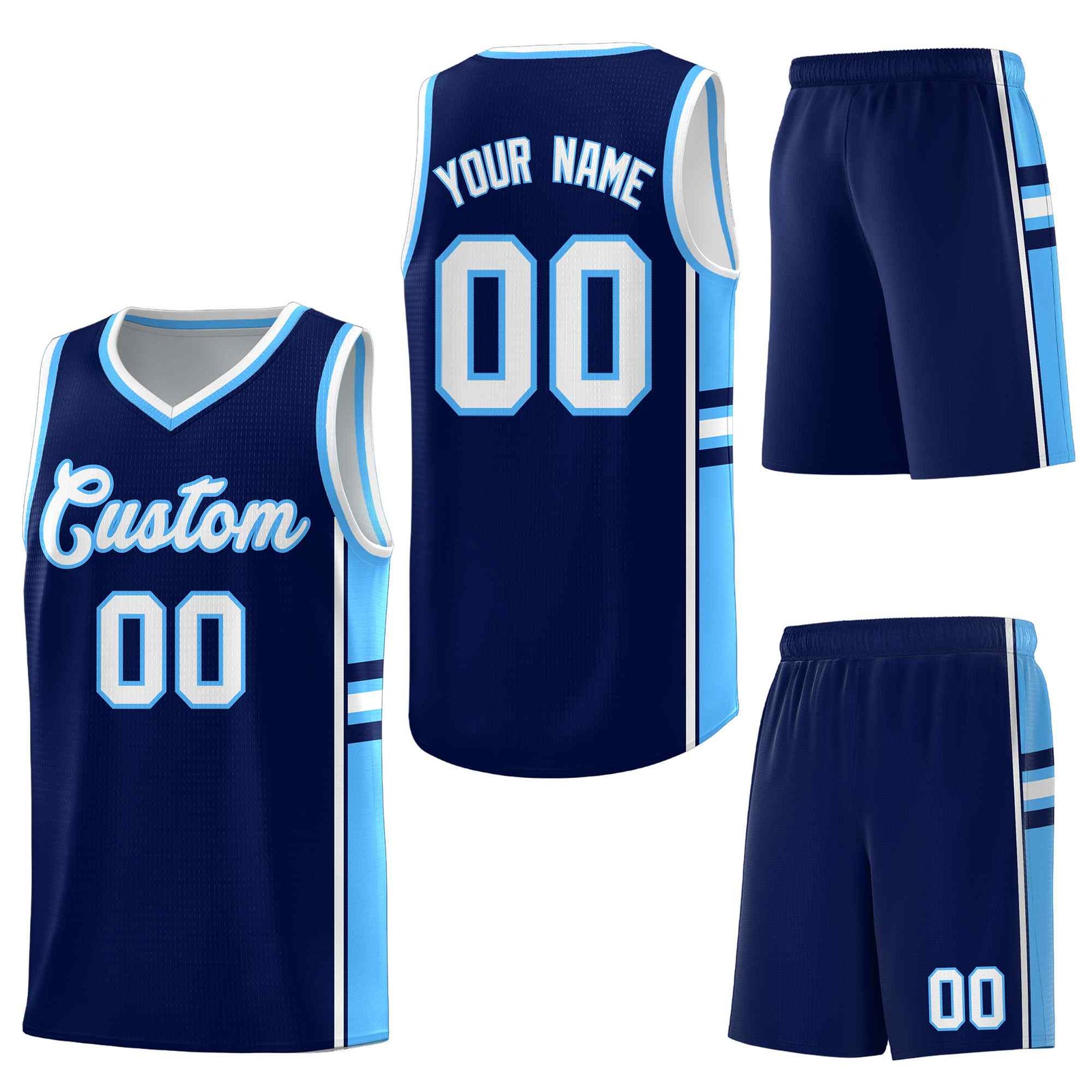 Custom Navy Powder Blue Classic Color Block Quick-Drying Varsity Uniform Basketball Jersey